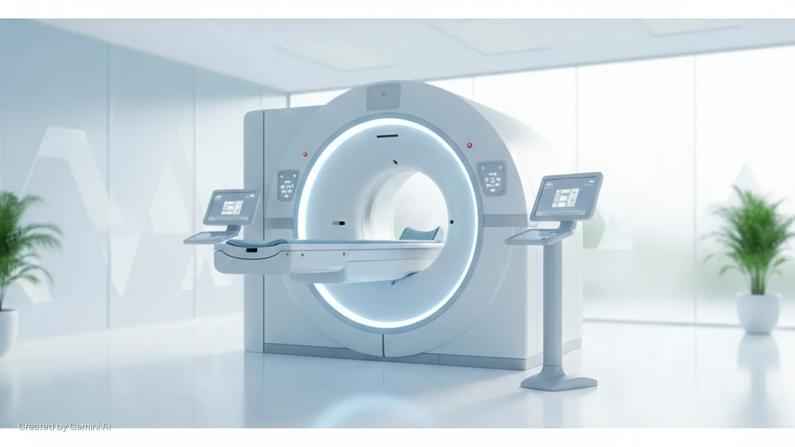 A modern, brightly lit medical imaging room features a white CT scanner with a patient table, blue accents, multiple digital control screens, and potted plants positioned by large windows.