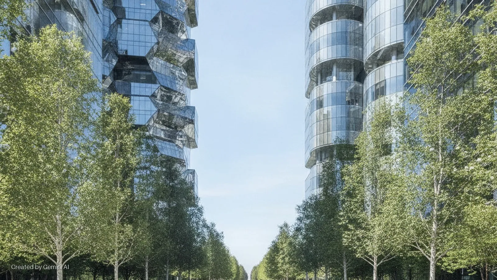 Two modern glass skyscrapers, one with a faceted design and the other curved, frame a sunlit avenue lined with trees under a clear blue sky.