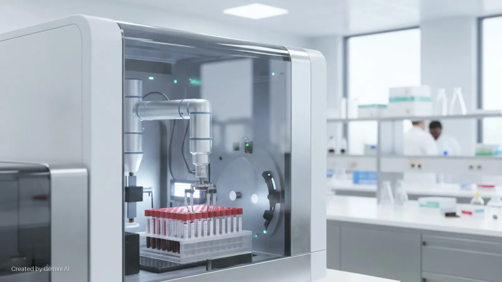 A modern laboratory automation machine with a robotic arm processes racks of blood sample tubes in a brightly lit lab, with shelves of glassware and two blurred scientists in the background.