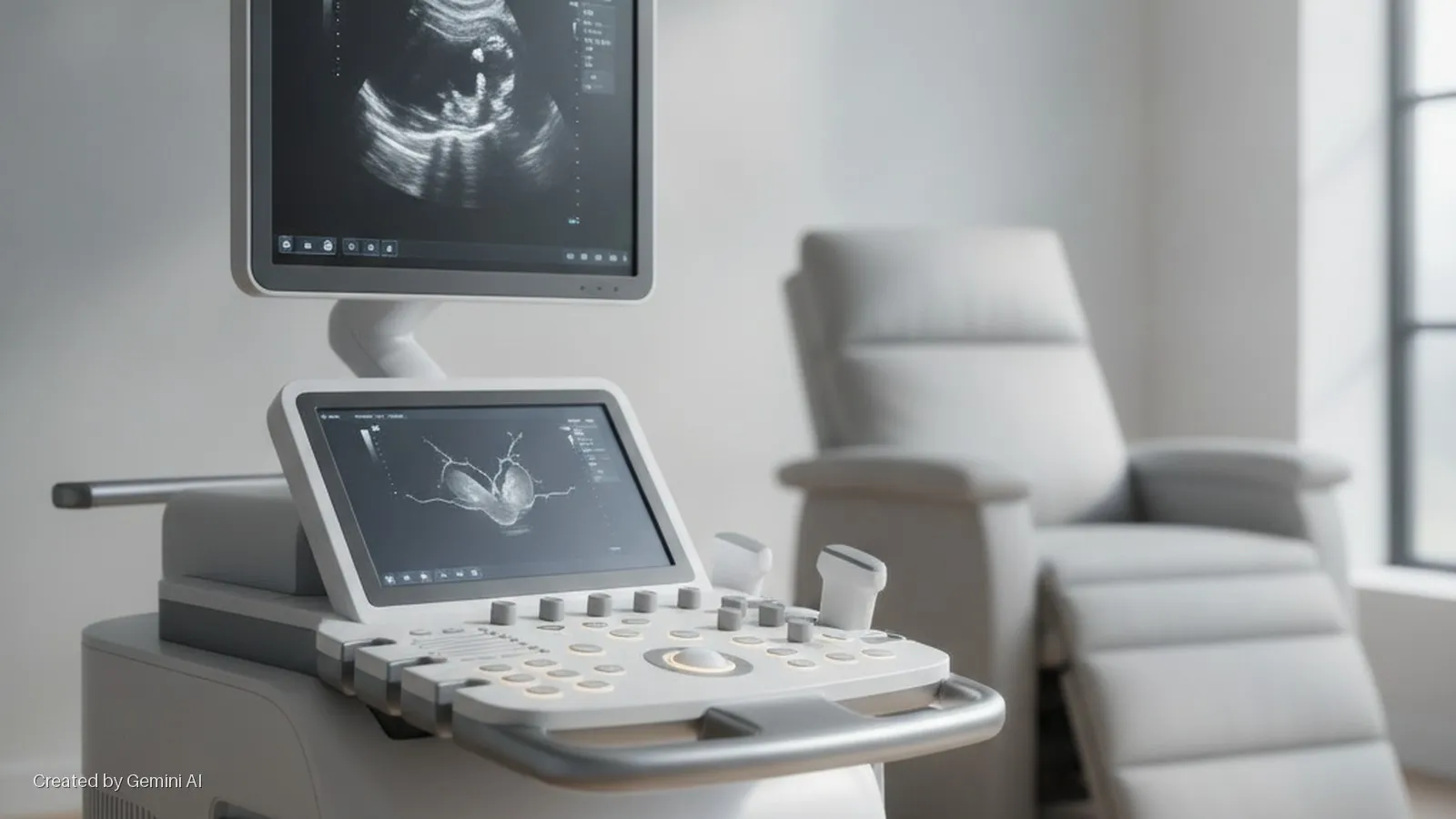 A modern ultrasound machine displaying medical scans on its two monitors and control panel is positioned in a brightly lit medical examination room with a recliner chair and window in the background.