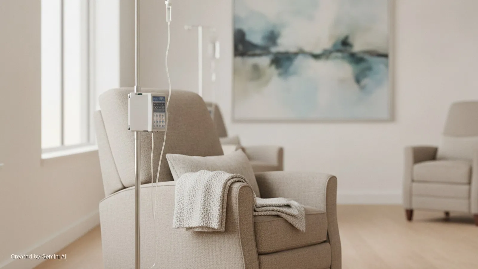 A bright, naturally lit treatment room features an IV pole with an infusion pump positioned next to a comfortable beige recliner draped with a knitted blanket, with other recliners and an abstract painting visible in the soft background.