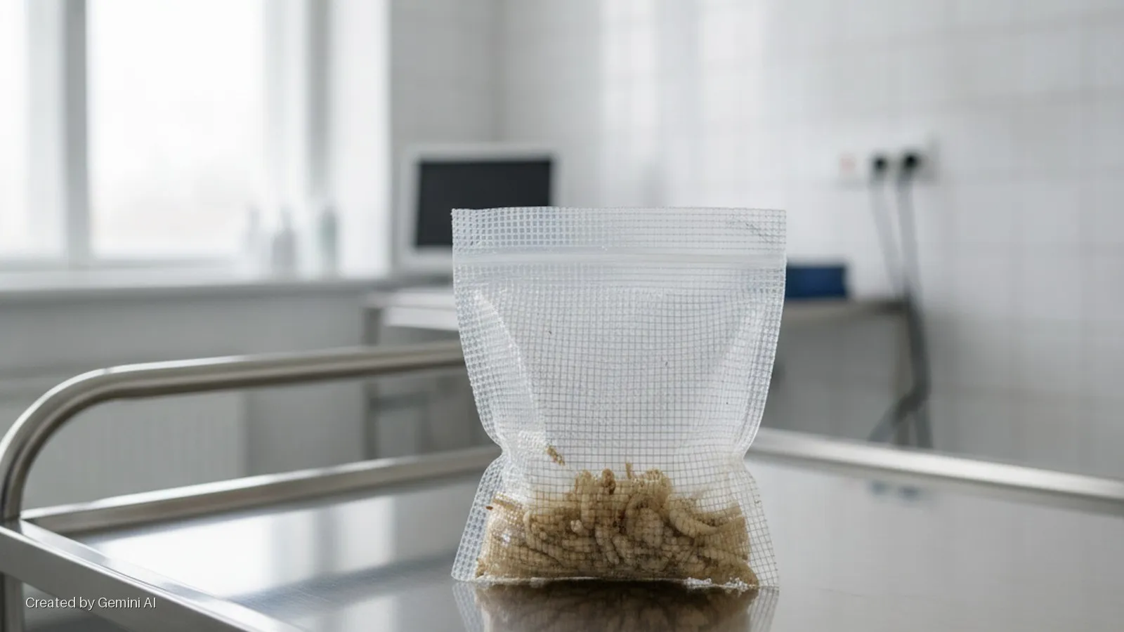 A clear, grid-patterned plastic bag filled with pale larvae rests on a shiny stainless steel medical cart in a brightly lit, sterile room with a window and tiled walls in the background.