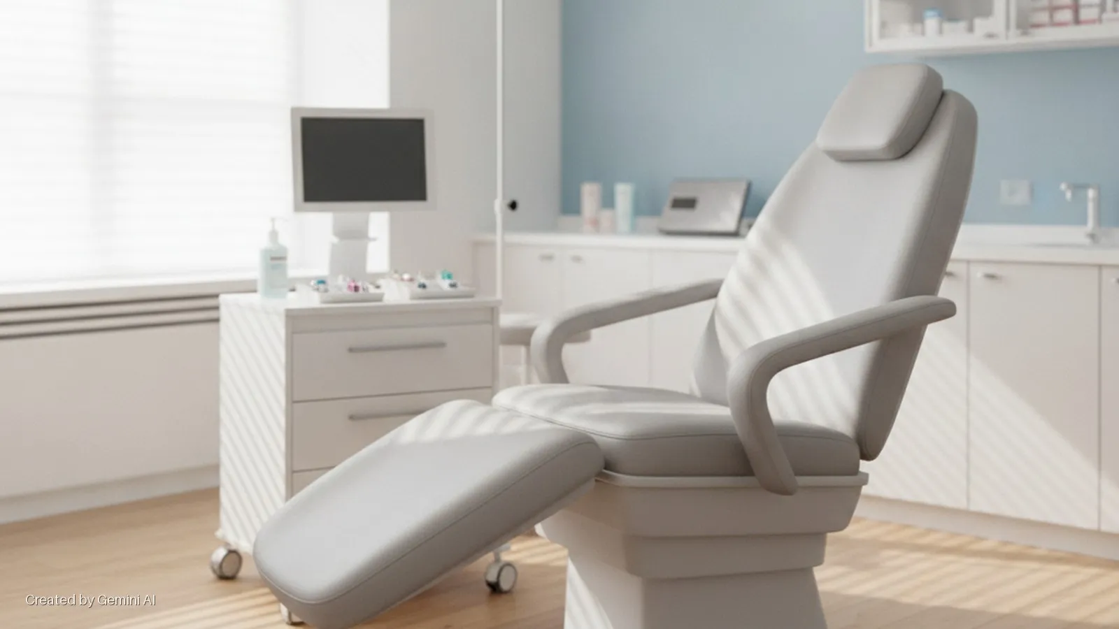 A modern medical examination room features a grey adjustable chair, a white mobile cabinet with a monitor and medical supplies, and white built-in cabinets with a sink along a light blue wall, illuminated by natural light casting distinct h