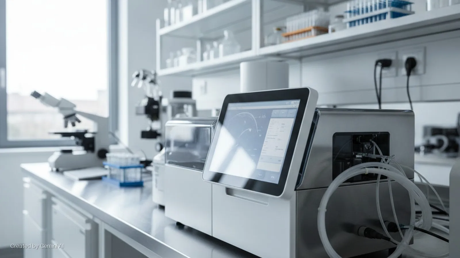 A bright laboratory features various scientific instruments, including a microscope, test tubes, and a piece of analytical equipment with a digital screen, illuminated by natural window light.