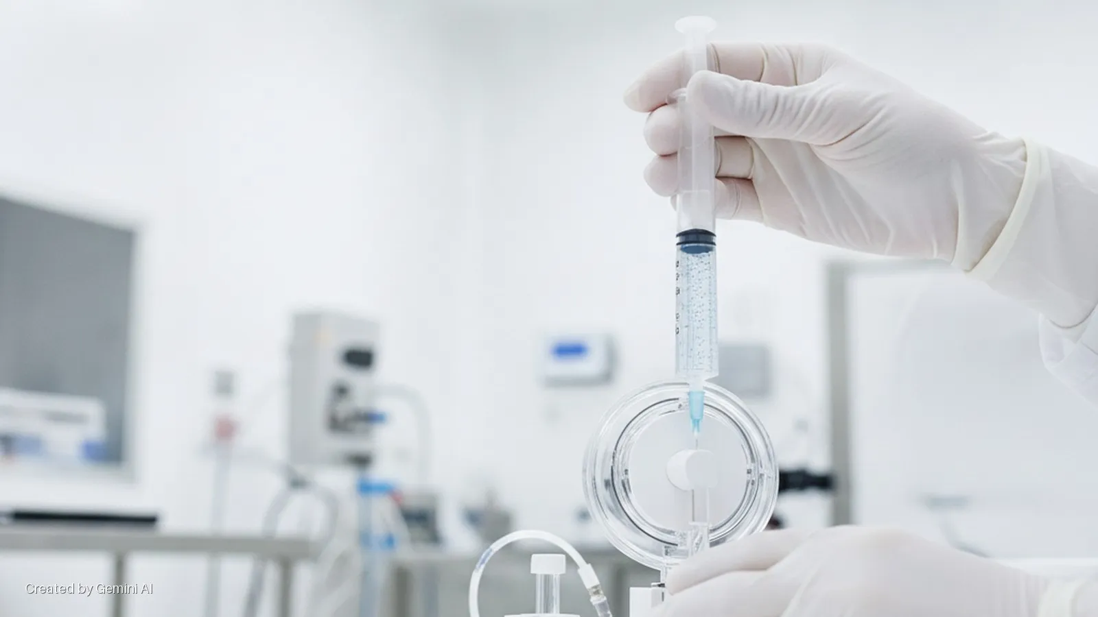 A gloved hand injects a clear, bubbly liquid from a syringe into a transparent circular processing device in a brightly lit, sterile laboratory.
