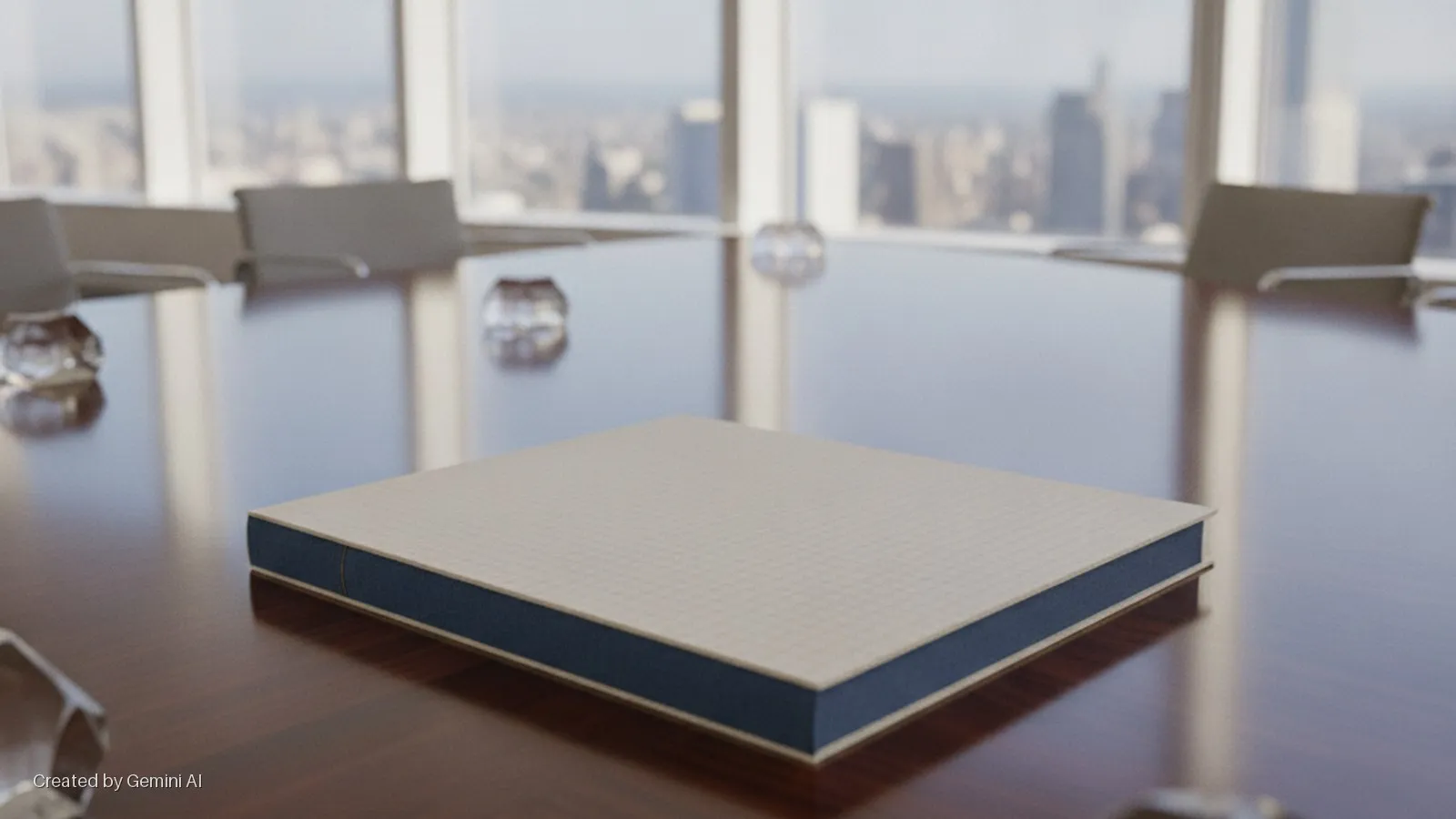 A beige and blue notebook sits on a reflective dark wood conference table with clear glass objects, under bright natural light from large windows revealing a blurred city skyline and indistinct office chairs.