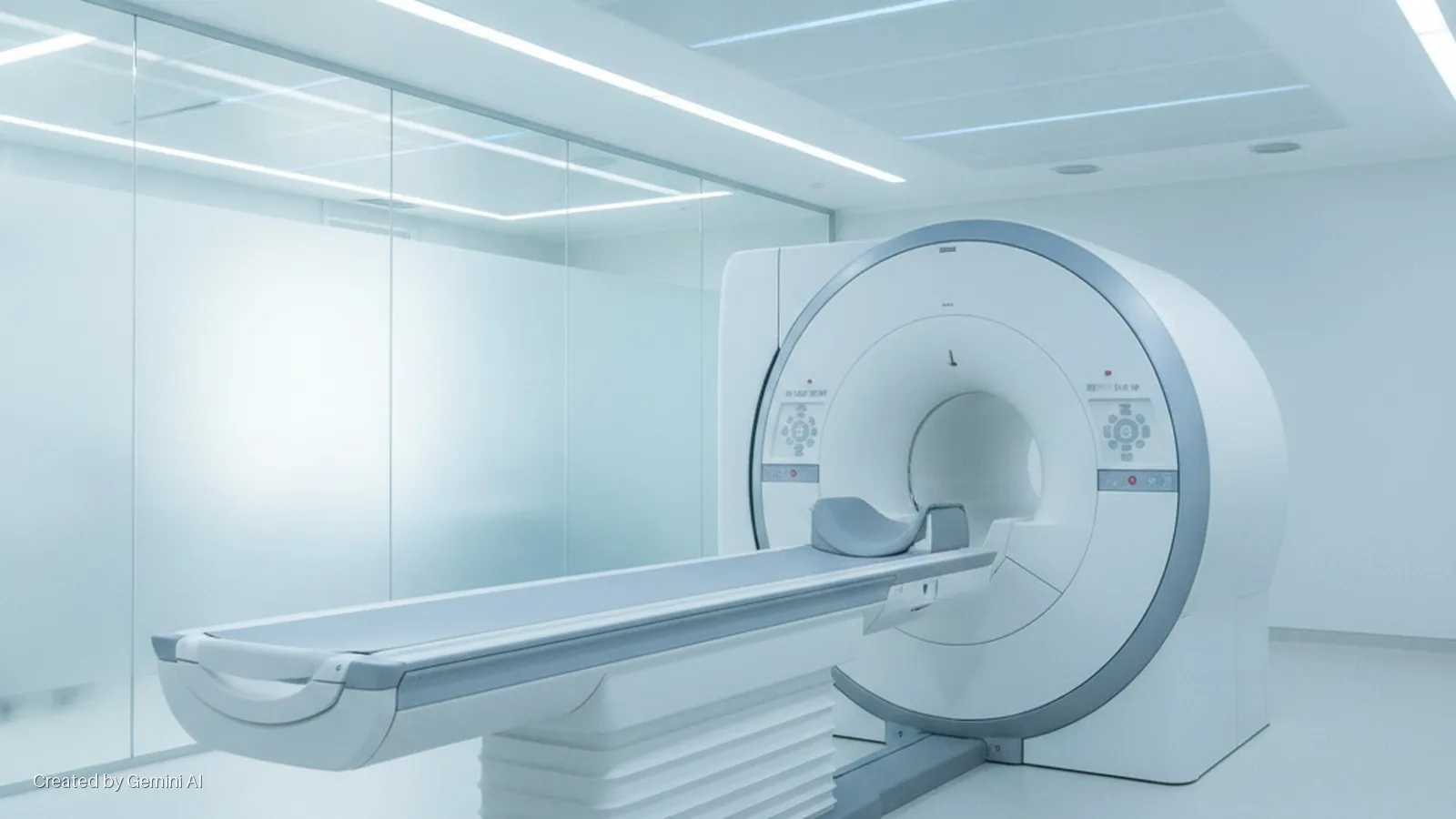 A bright, cool-toned medical imaging room contains a white MRI machine with an extended patient table next to a frosted glass wall and linear ceiling lights.