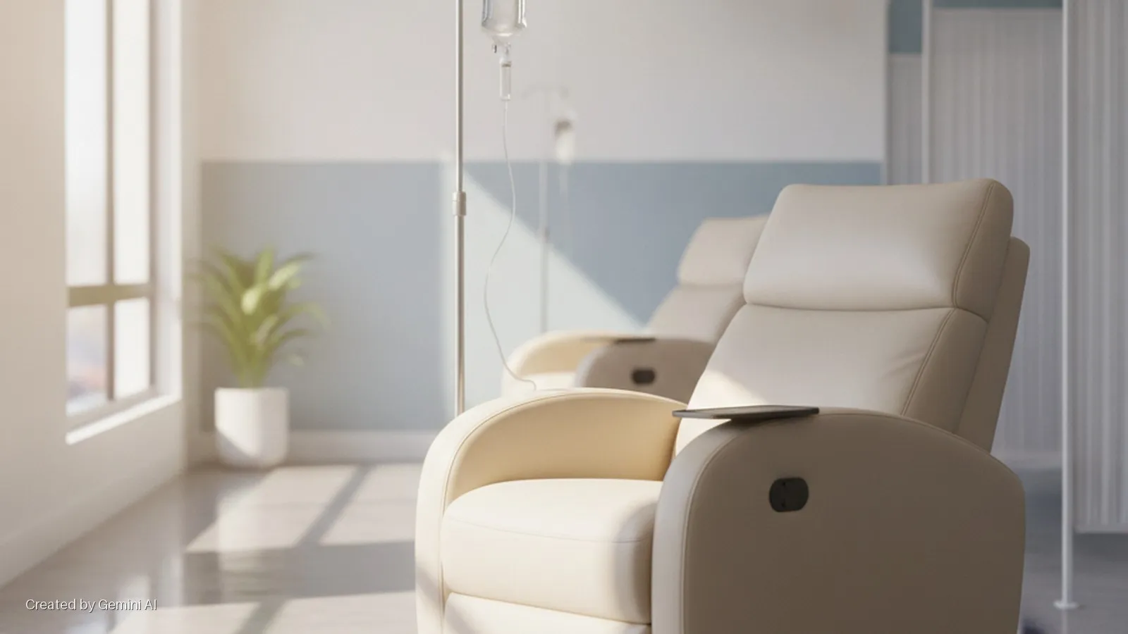 An infusion room features beige recliner chairs with IV stands, a potted plant by a sunlit window, and privacy screens, all illuminated by bright natural light.