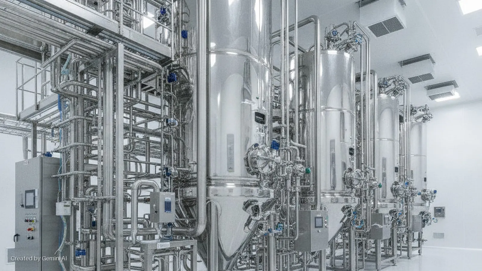 Brightly lit cleanroom with multiple large, gleaming stainless steel processing tanks, a complex network of interconnecting pipes, and various control panels.