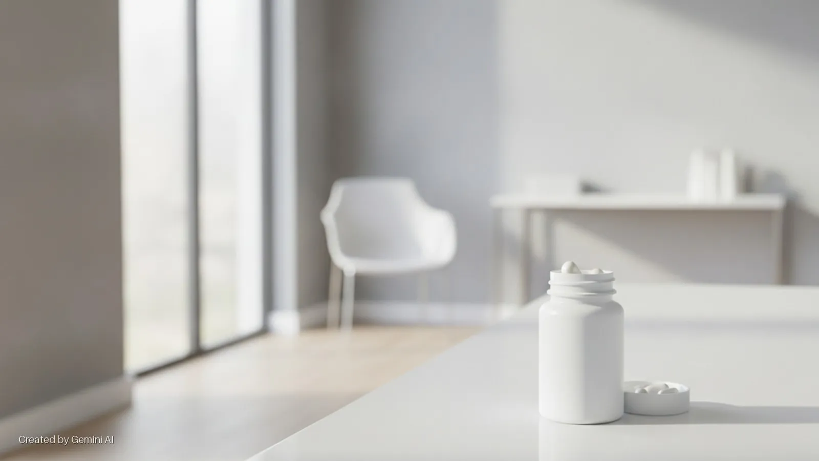 An open white medicine bottle with visible pills and its pill-filled cap rest on a white table in a brightly lit, minimalist room with a large window and blurred white furniture in the background.