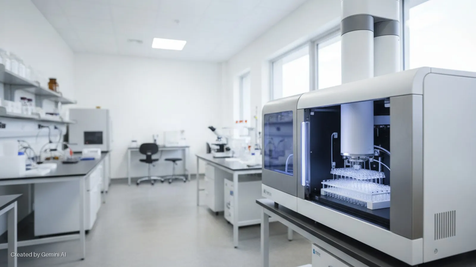 A brightly lit, modern laboratory features a large automated sample preparation instrument holding racks of clear test tubes in the foreground, with various lab benches and equipment like microscopes and incubators visible in the background