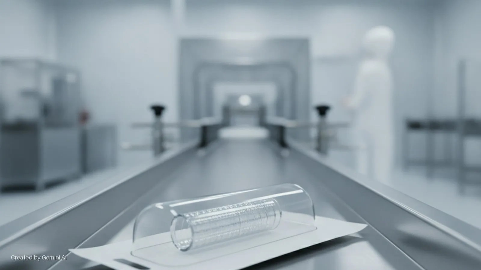 A clear glass tube containing a silver patterned cylinder on a white tray sits on a metallic surface in a brightly lit cleanroom, with blurred industrial equipment and a cleanroom-suited person in the background.