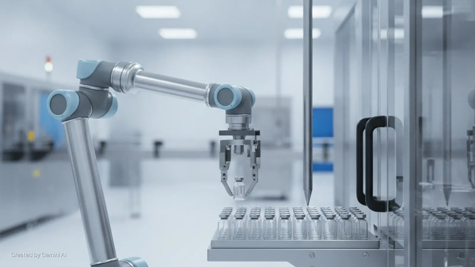 A robotic arm with light blue-grey joints holds a glass vial over a rack of vials in a brightly lit, sterile laboratory.