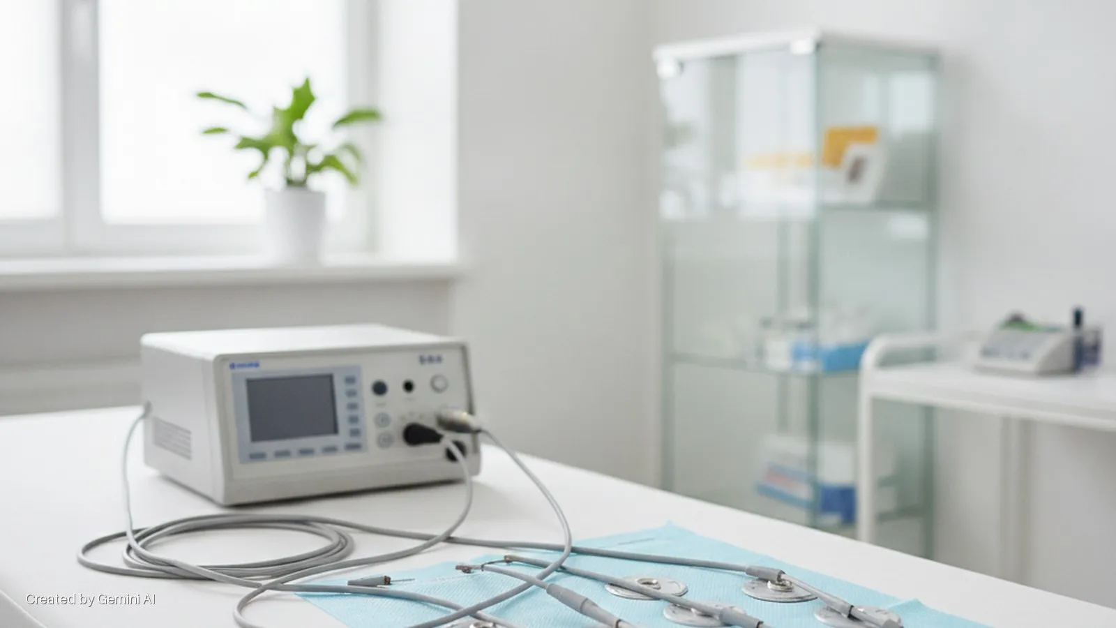 A bright medical examination room features a white medical console with cables and electrodes on a blue mat in the foreground, a potted plant by a window, and a glass cabinet and medical cart in the blurred background.