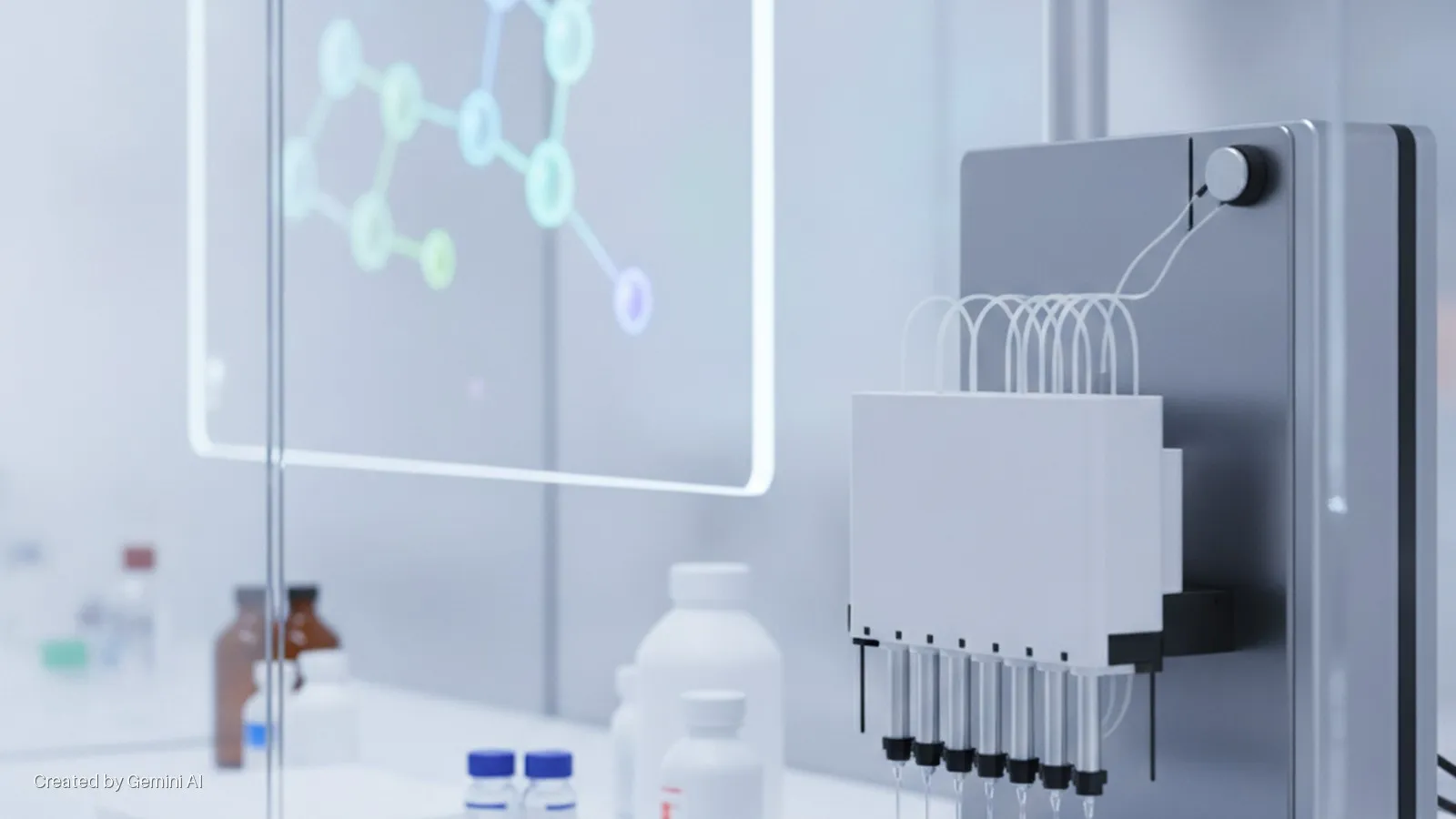 A modern laboratory features a multi-channel liquid dispensing system, various laboratory bottles, and a transparent display showing a colorful molecular structure, all illuminated by bright, clinical lighting.