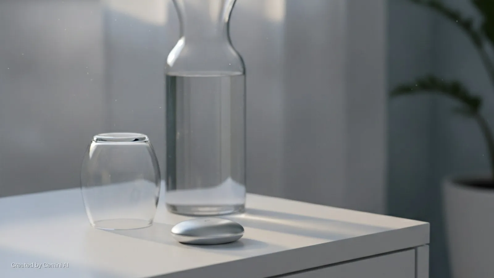 A clear glass, a water carafe, and a silver oval device are arranged on a white nightstand, with soft natural light highlighting dust motes in the air and a blurred houseplant in the background.