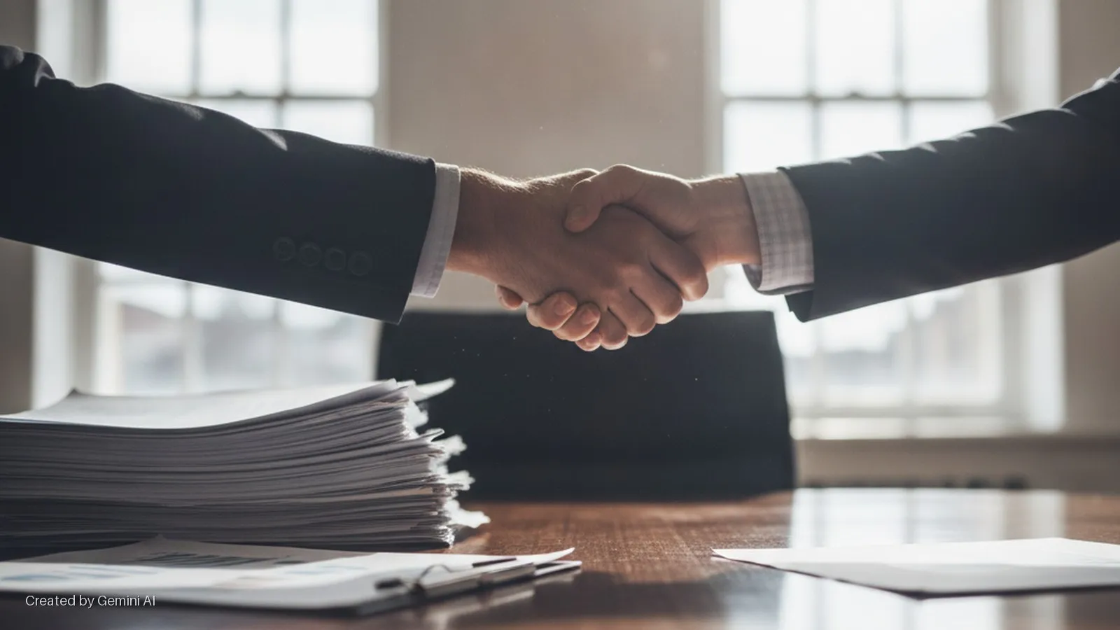Two people in business attire shake hands across a wooden table with stacks of documents, brightly lit by windows in the background.