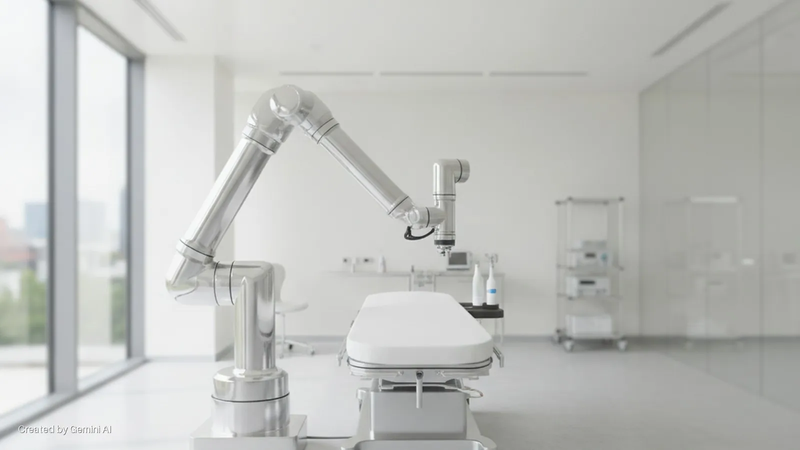 A bright, modern medical room features a metallic robotic arm positioned over a white examination table, with a large window showing a blurred cityscape and medical equipment carts in the background.