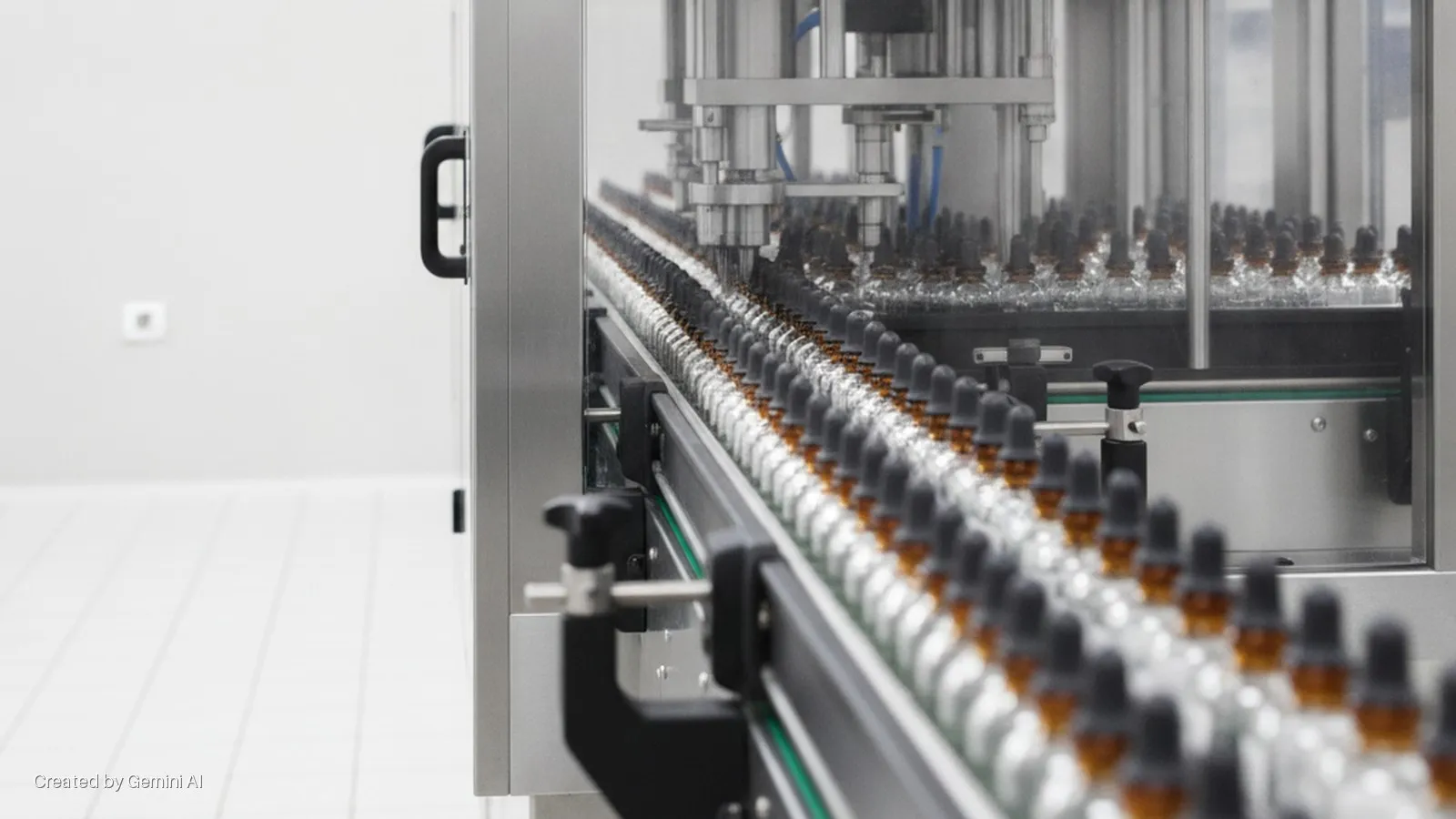 Rows of clear and amber dropper bottles move along a conveyor belt towards a filling and capping machine in a brightly lit manufacturing facility.