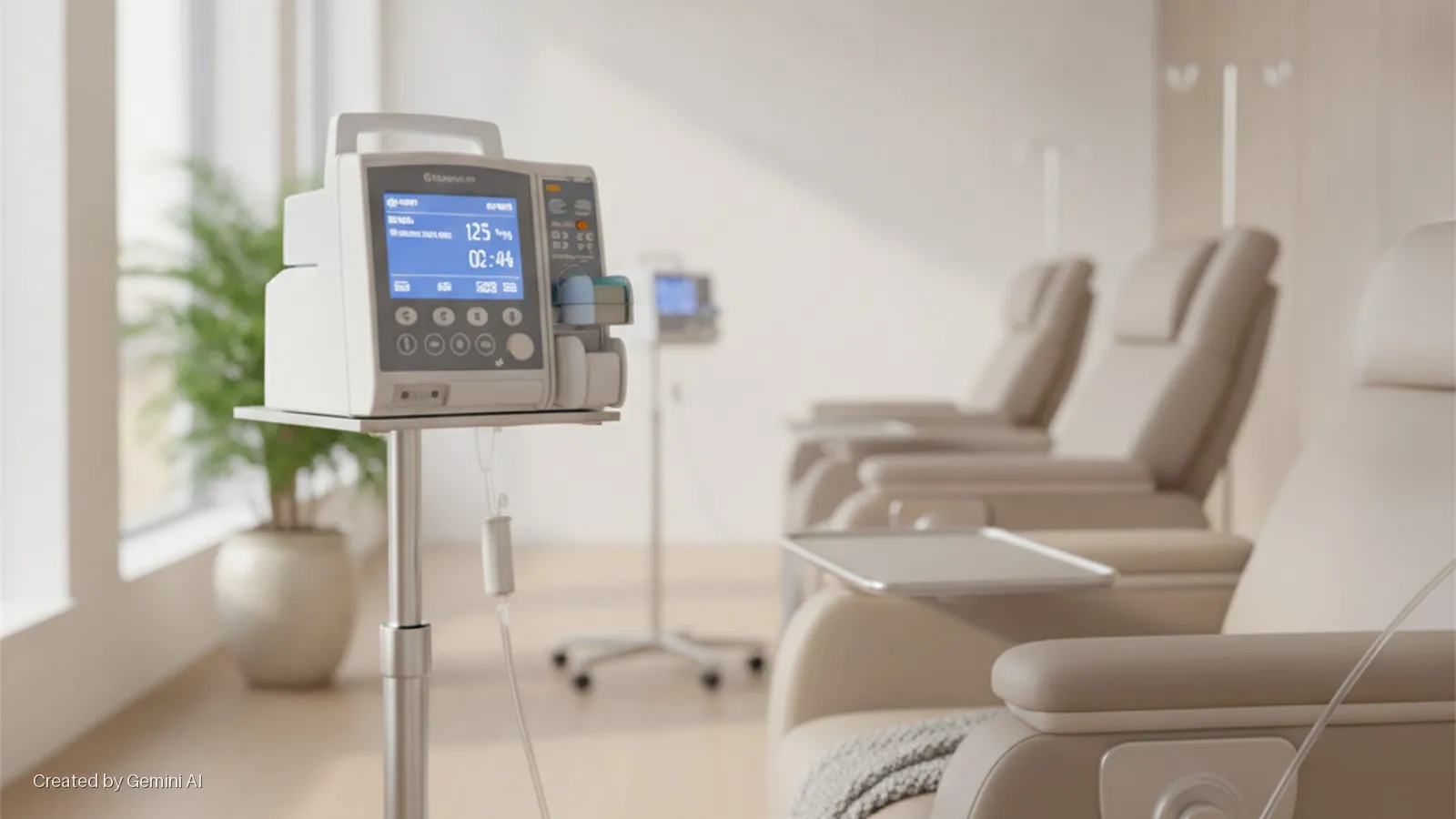 A brightly lit, modern medical infusion room features an IV pump on a stand in the foreground, with several plush beige treatment chairs, side tables, and other medical equipment visible in the background.