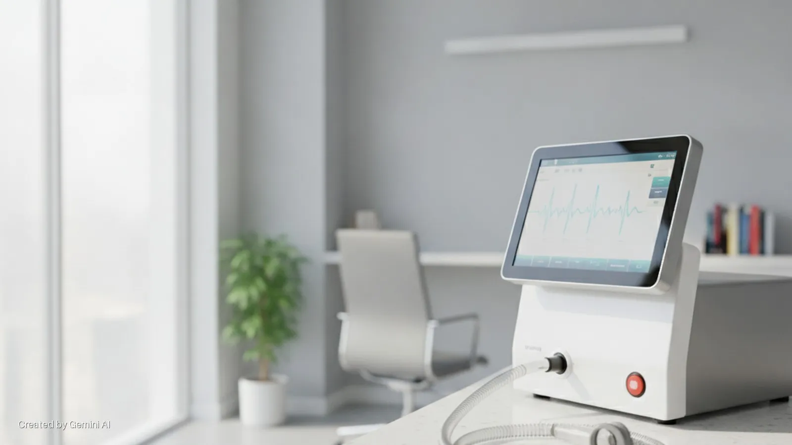 A white medical device displaying a blue waveform on its screen with a connected tube sits on a desk in a brightly lit modern office with a large window, a potted plant, an office chair, and books on a shelf.
