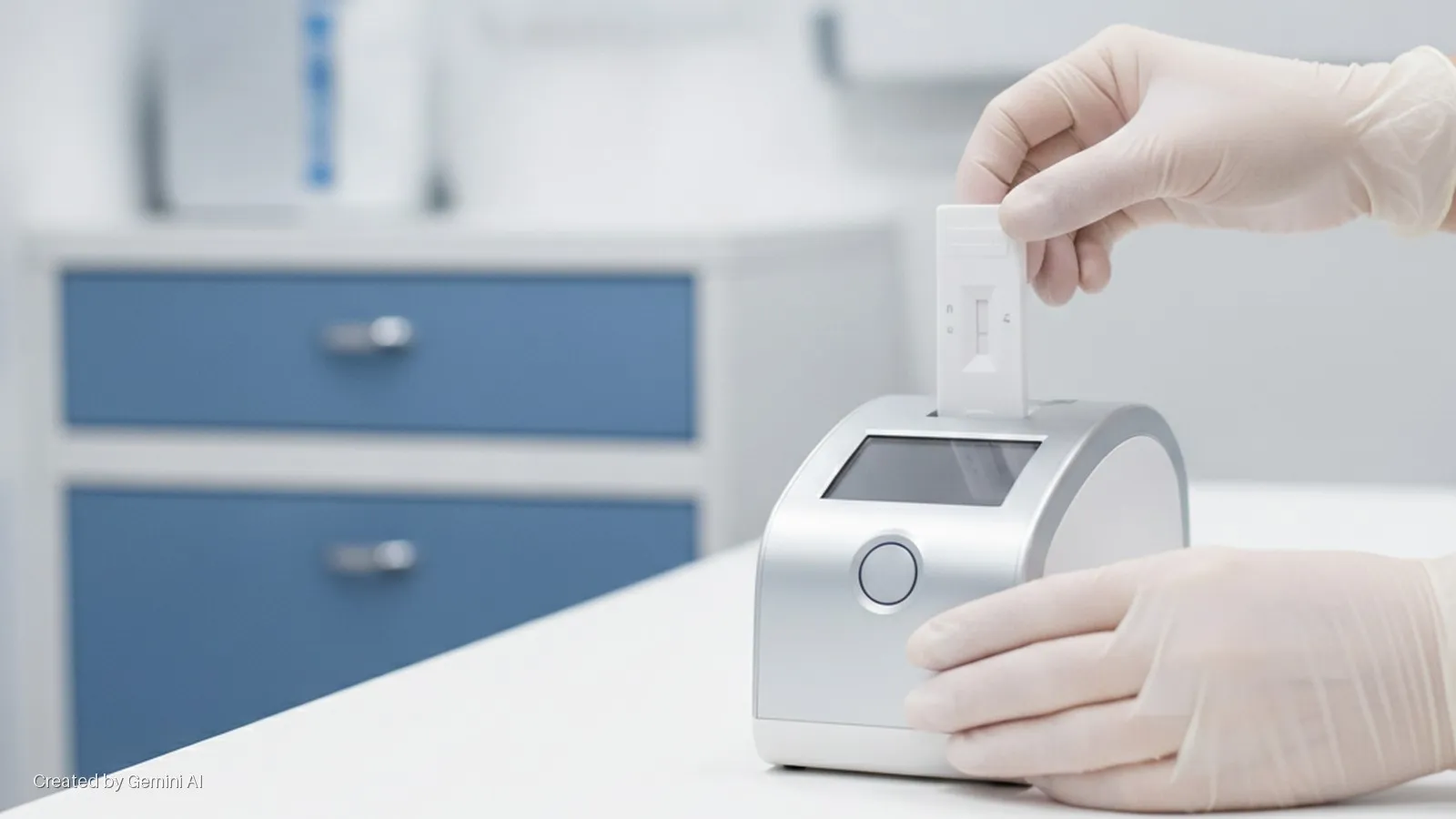 A gloved hand inserts a white test cassette into a silver electronic reader on a white table in a brightly lit laboratory, with blurred blue drawers and white cabinets in the background.