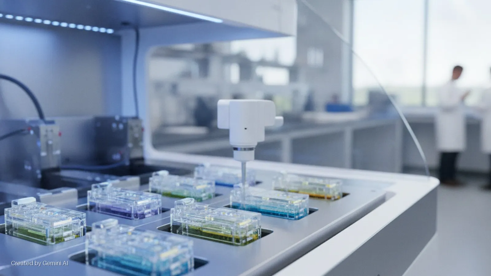 A robotic arm dispenses a blue liquid into a clear plastic container on a tray of colorful samples in a brightly lit science laboratory, with blurred figures of lab workers in the background.