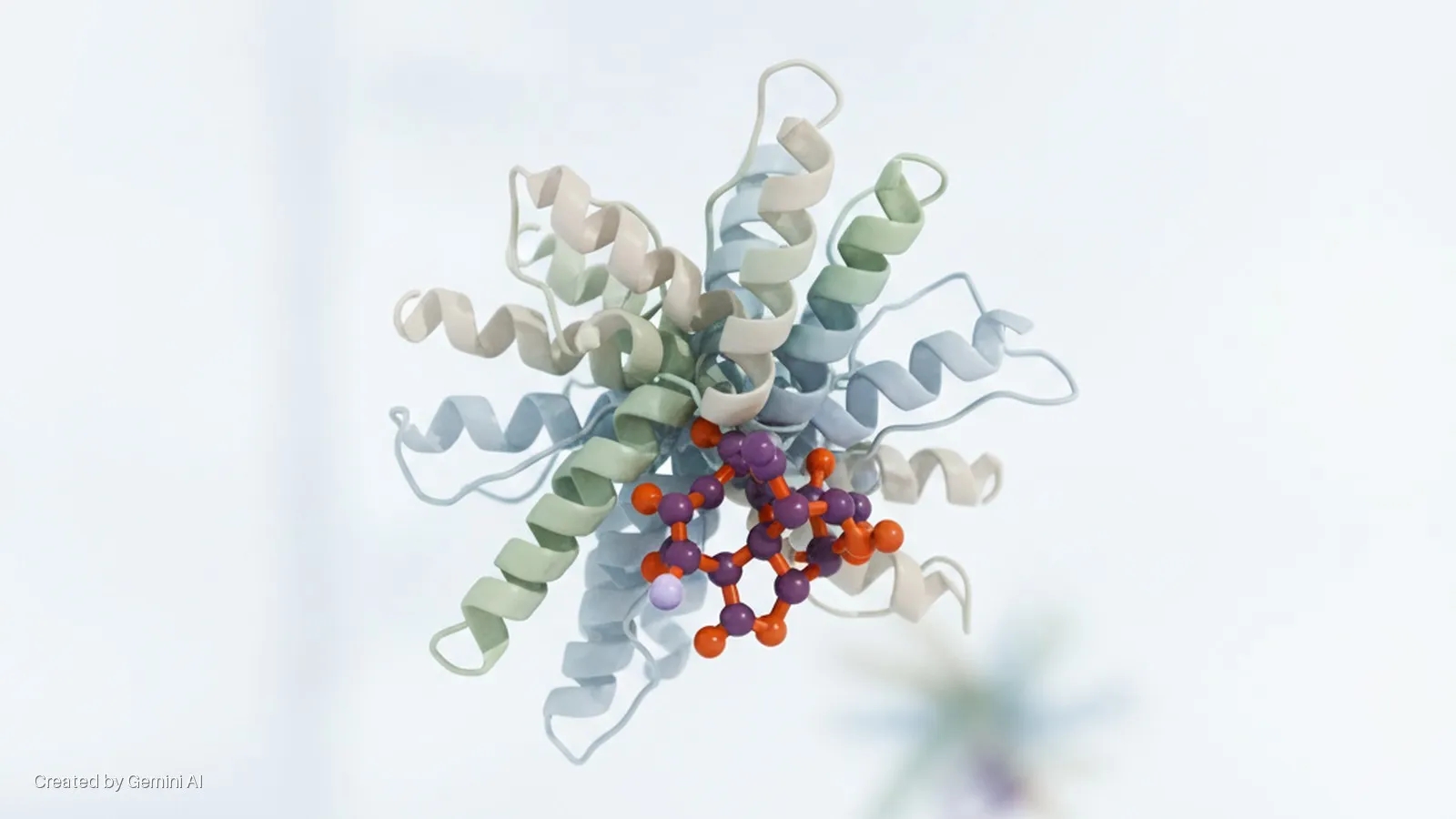 A brightly lit molecular model features intertwined protein ribbons in pale green, blue, and beige, cradling a smaller purple and orange ball-and-stick molecule, set against a clean white background.