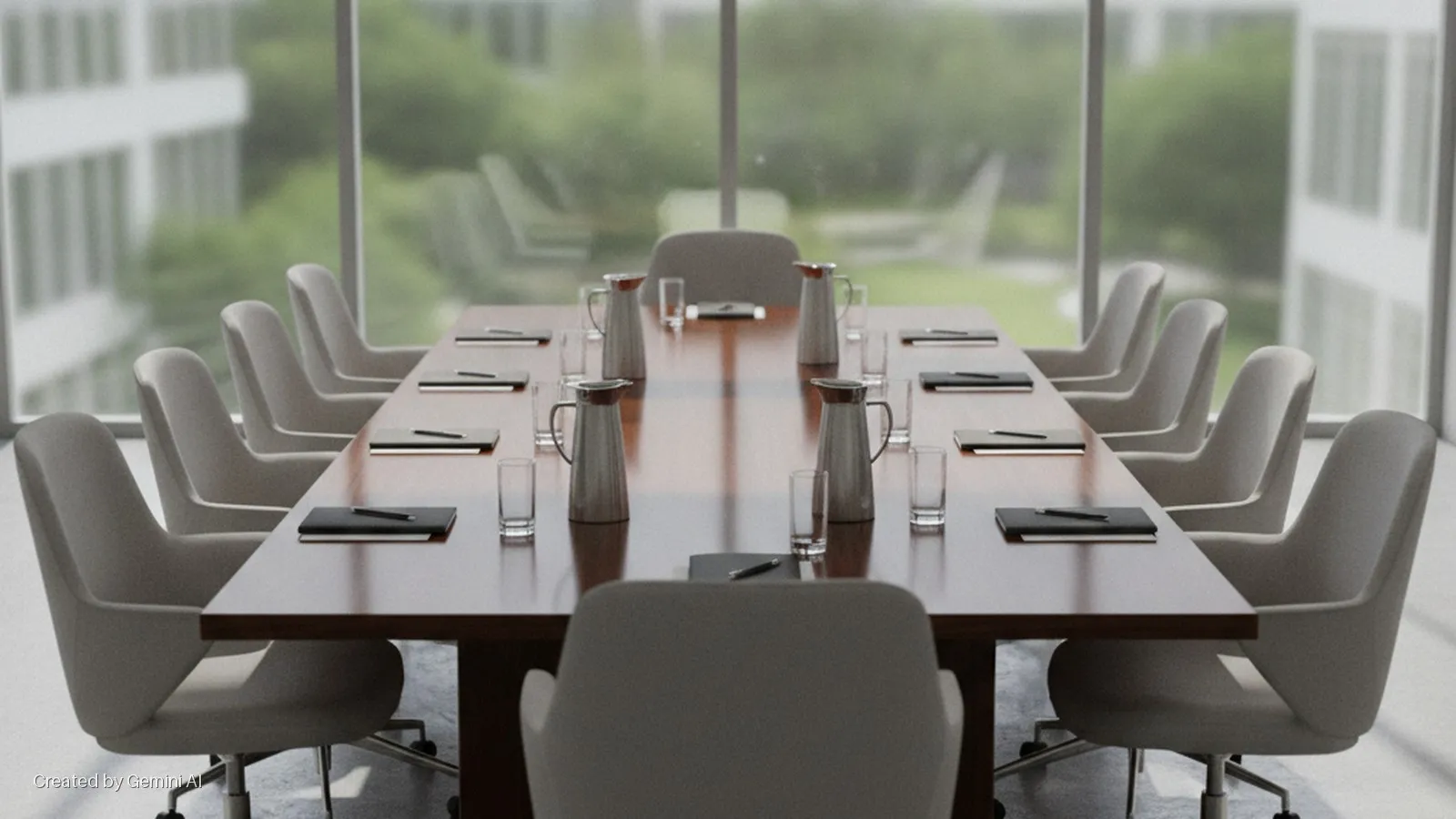 A modern conference room features a long wooden table surrounded by numerous light gray ergonomic chairs, set with silver insulated carafes, clear drinking glasses, and black notebooks with pens, brightly lit by large windows overlooking a 