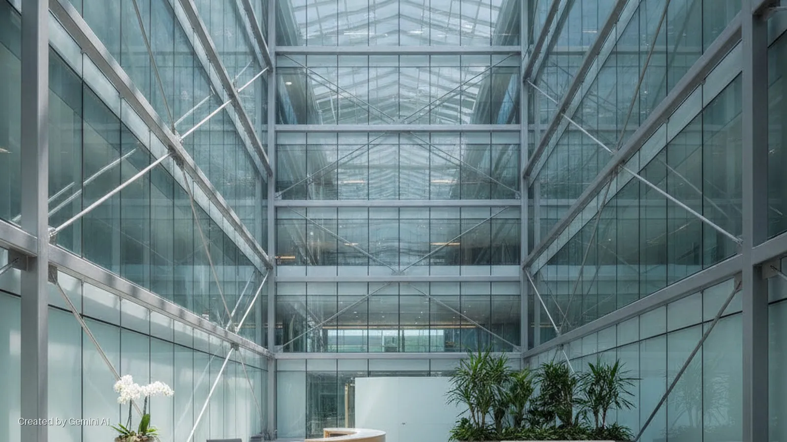 A naturally lit modern building atrium showcases a multi-story glass and metal framework, with green plants and white orchids arranged at the ground level.