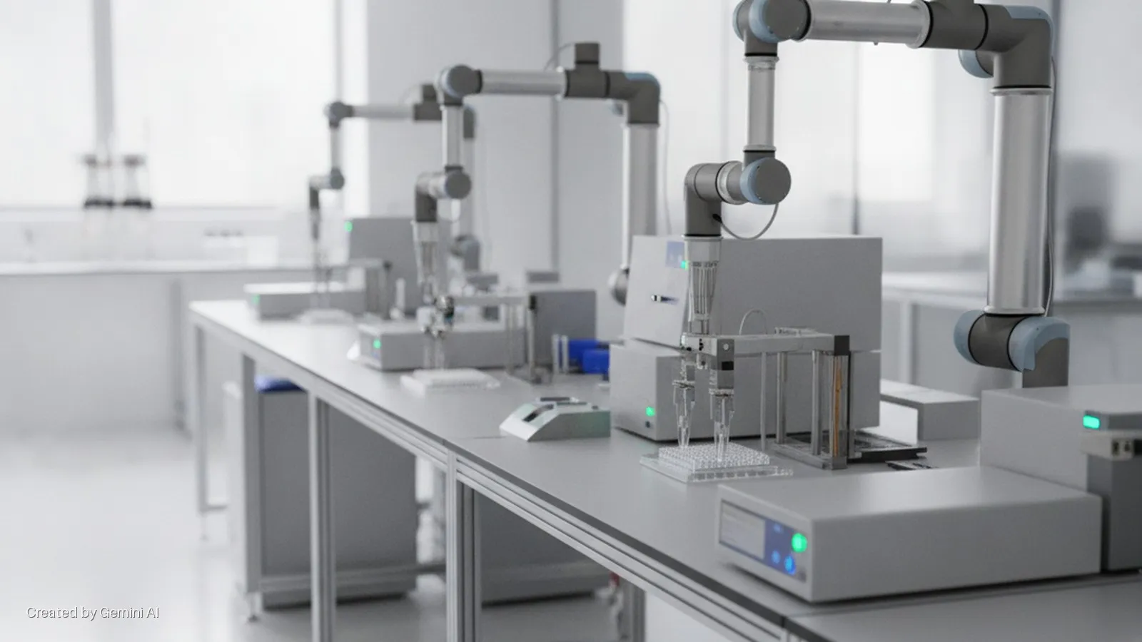 Multiple grey and blue robotic arms are positioned over automated liquid handling systems and microplates on a long laboratory bench in a brightly lit, modern lab setting.