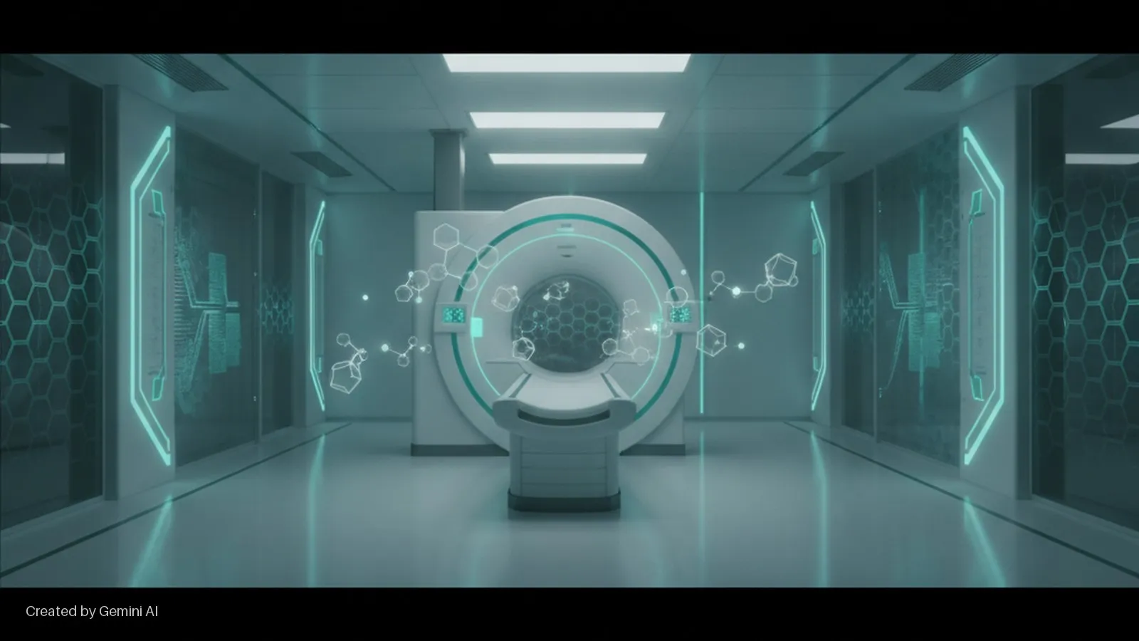 A bright, high-tech medical scanning room features a central MRI machine and patient table, flanked by glowing teal wall panels with honeycomb and circuit designs, and surrounded by floating holographic molecular structures.
