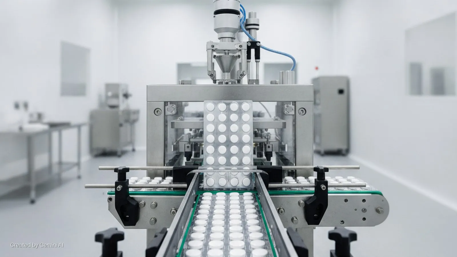 A pill packaging machine in a bright, sterile pharmaceutical cleanroom dispenses white pills into blister packs on a conveyor belt.