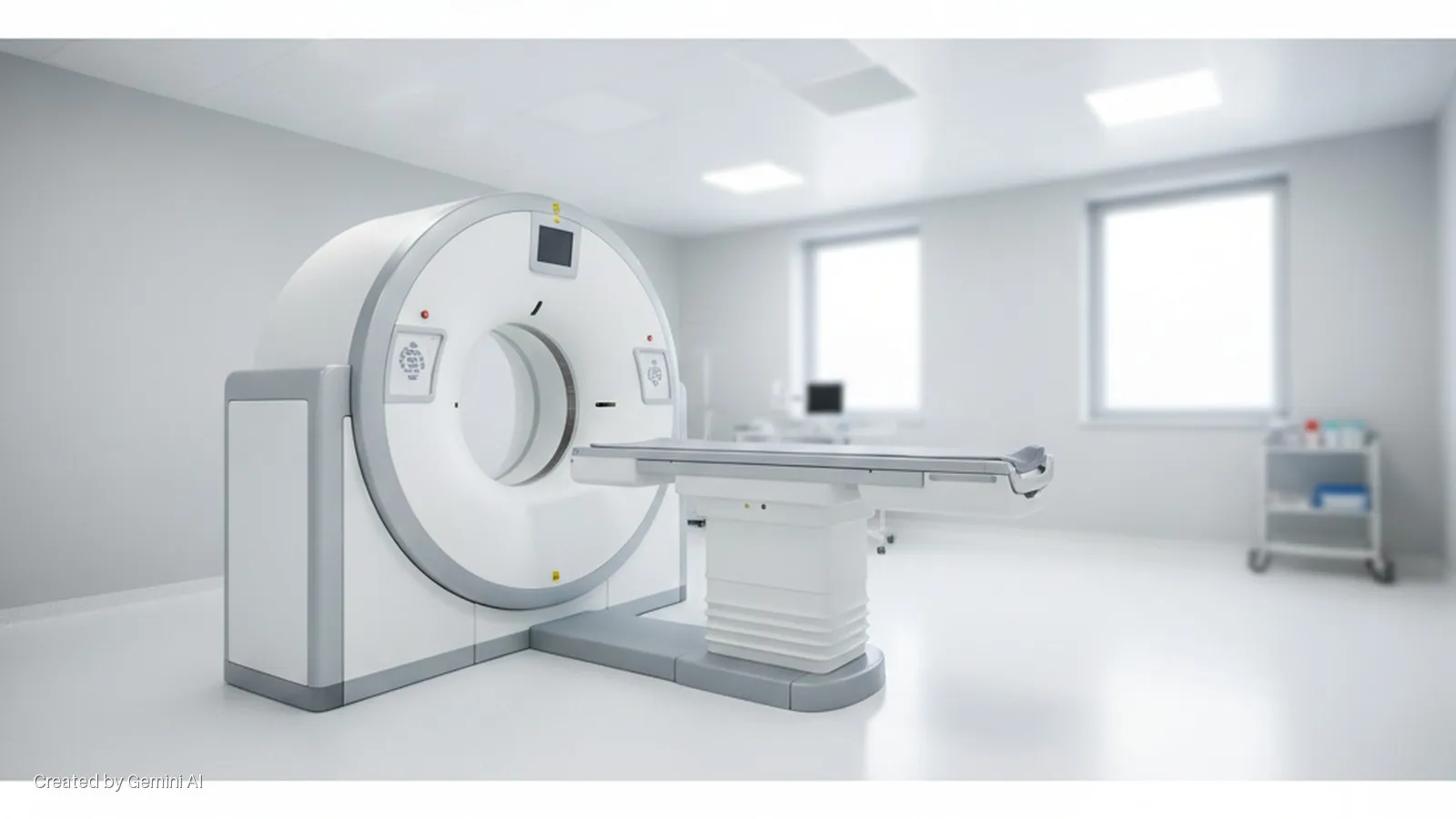 A modern, brightly lit medical examination room features a large white and grey CT scanner with an attached patient table, alongside large windows and a small medical supply cart in the background.