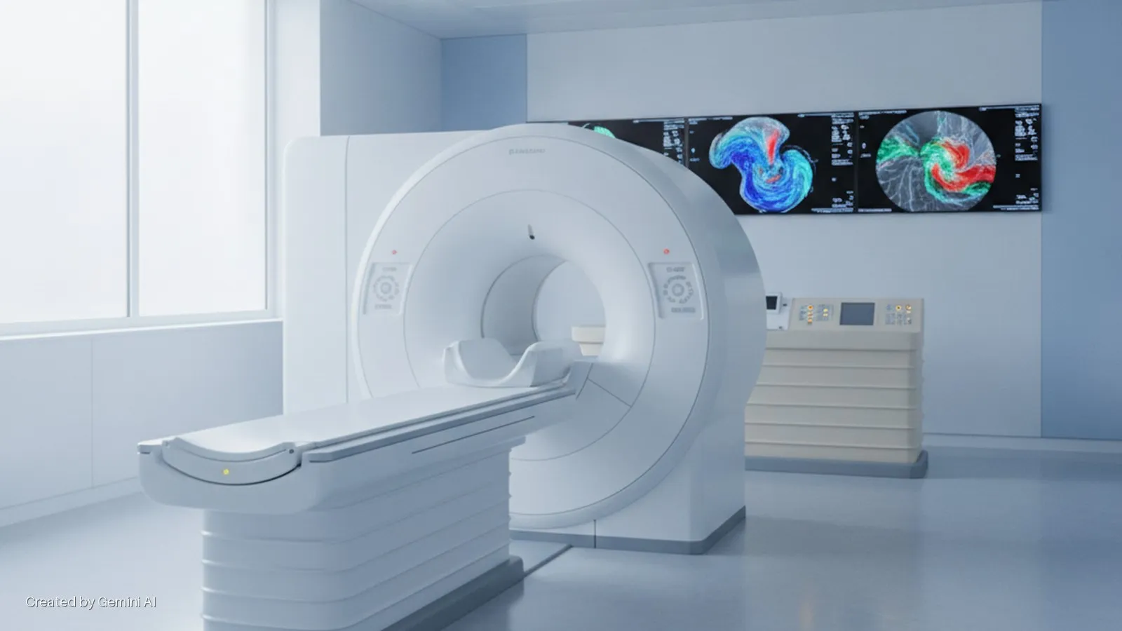 A brightly lit, modern medical imaging room features a white Samsung MRI machine with an attached patient table, a control console, and three wall-mounted monitors displaying vibrant medical scans.