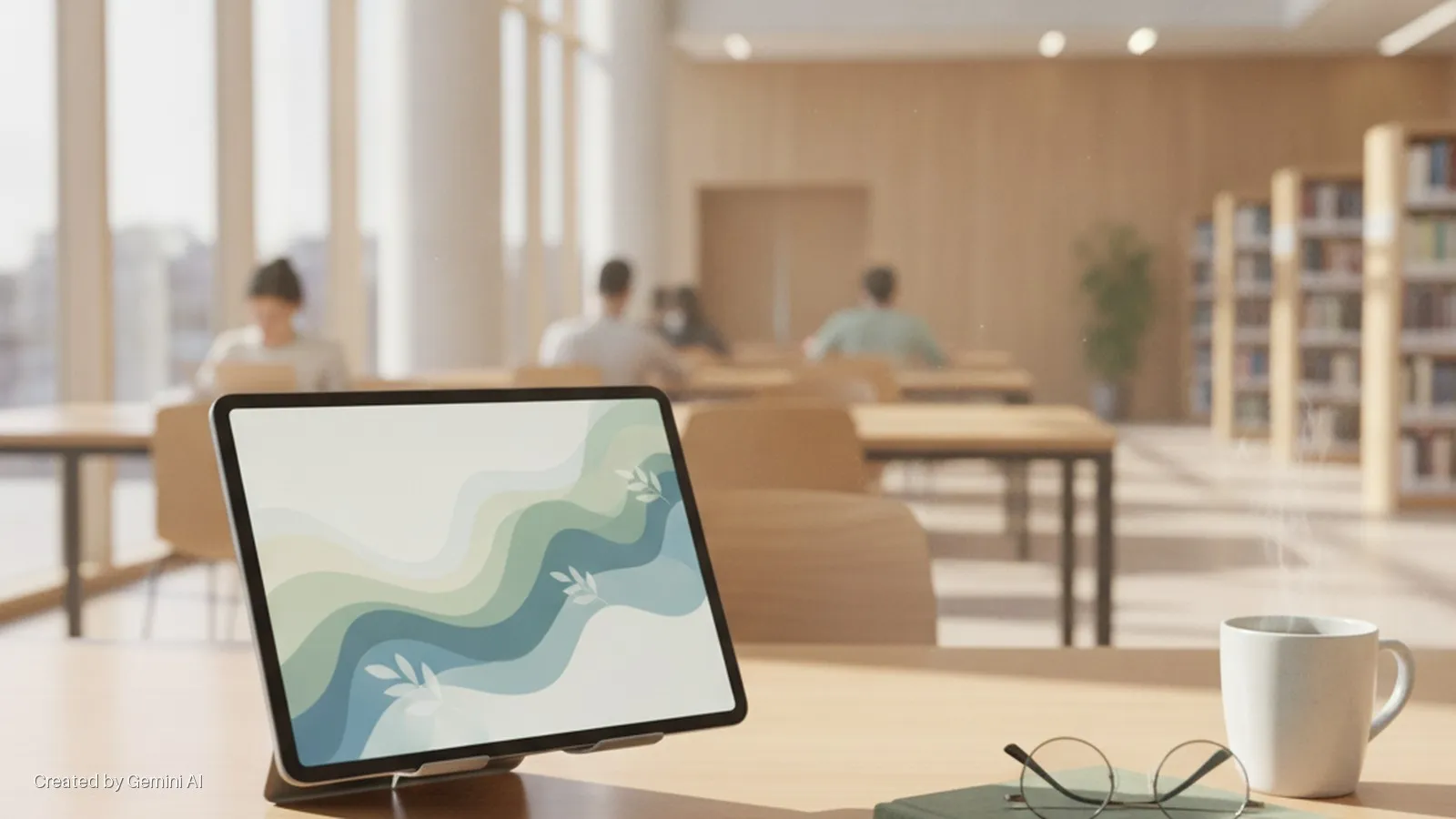 A tablet displaying a blue and green wavy leaf design sits on a wooden table beside a steaming white mug, eyeglasses, and a book, in a brightly lit library with blurred students and bookshelves in the background.