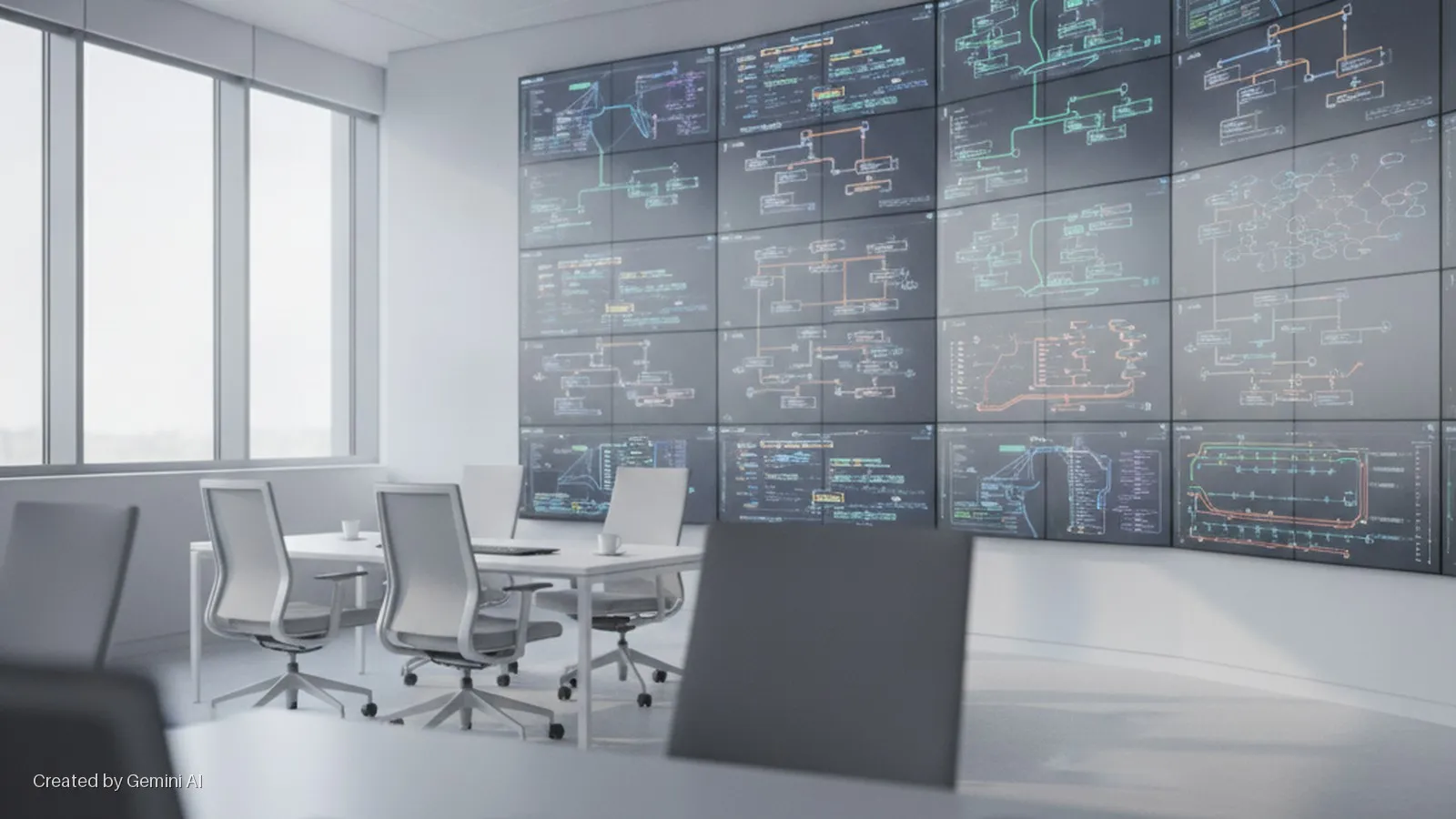 A modern meeting room features a large multi-screen video wall displaying colorful network diagrams and code, a white conference table with several light-colored office chairs, and bright natural light from large windows.