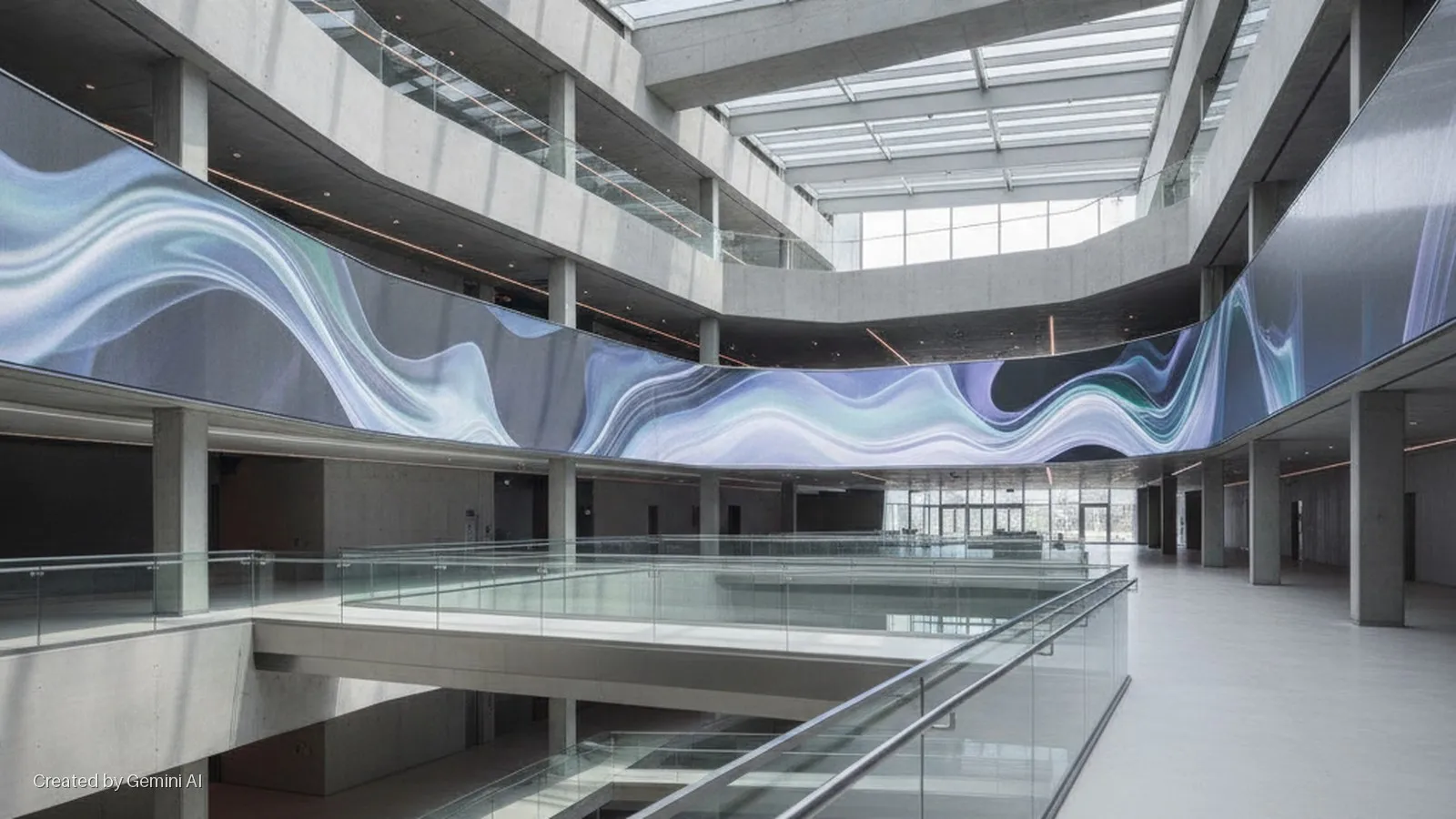 Modern multi-story building atrium with concrete architecture, glass railings, and a prominent curved LED screen displaying a dynamic, abstract wavy design, illuminated by natural light from skylights and windows.