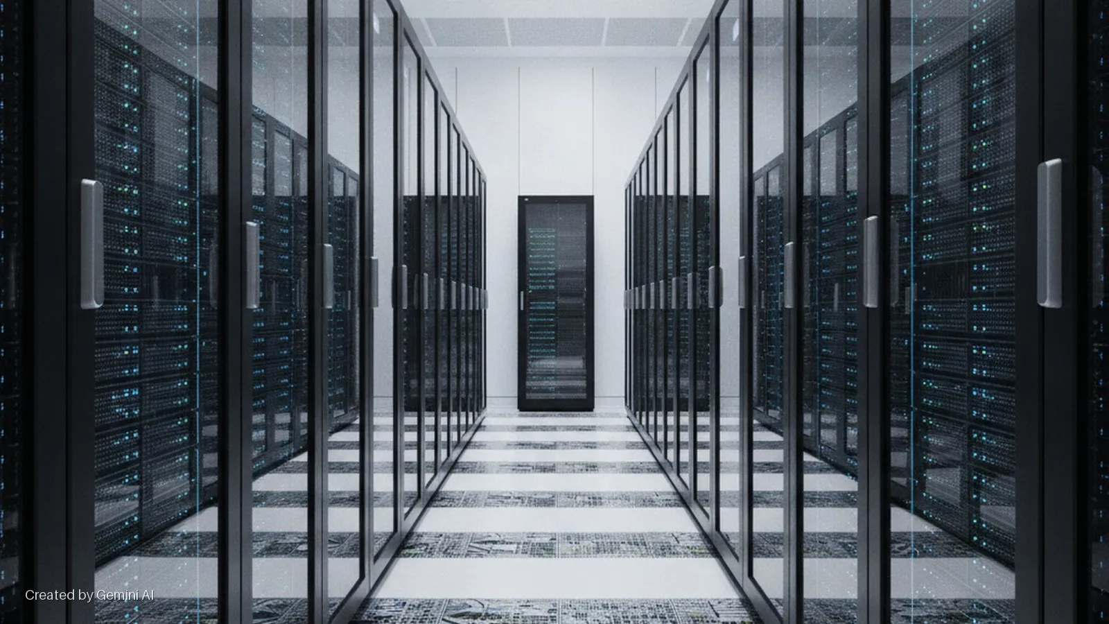 Black server racks with glowing blue lights behind glass doors line a central aisle with a patterned floor in a brightly lit data center, leading to an end server rack.