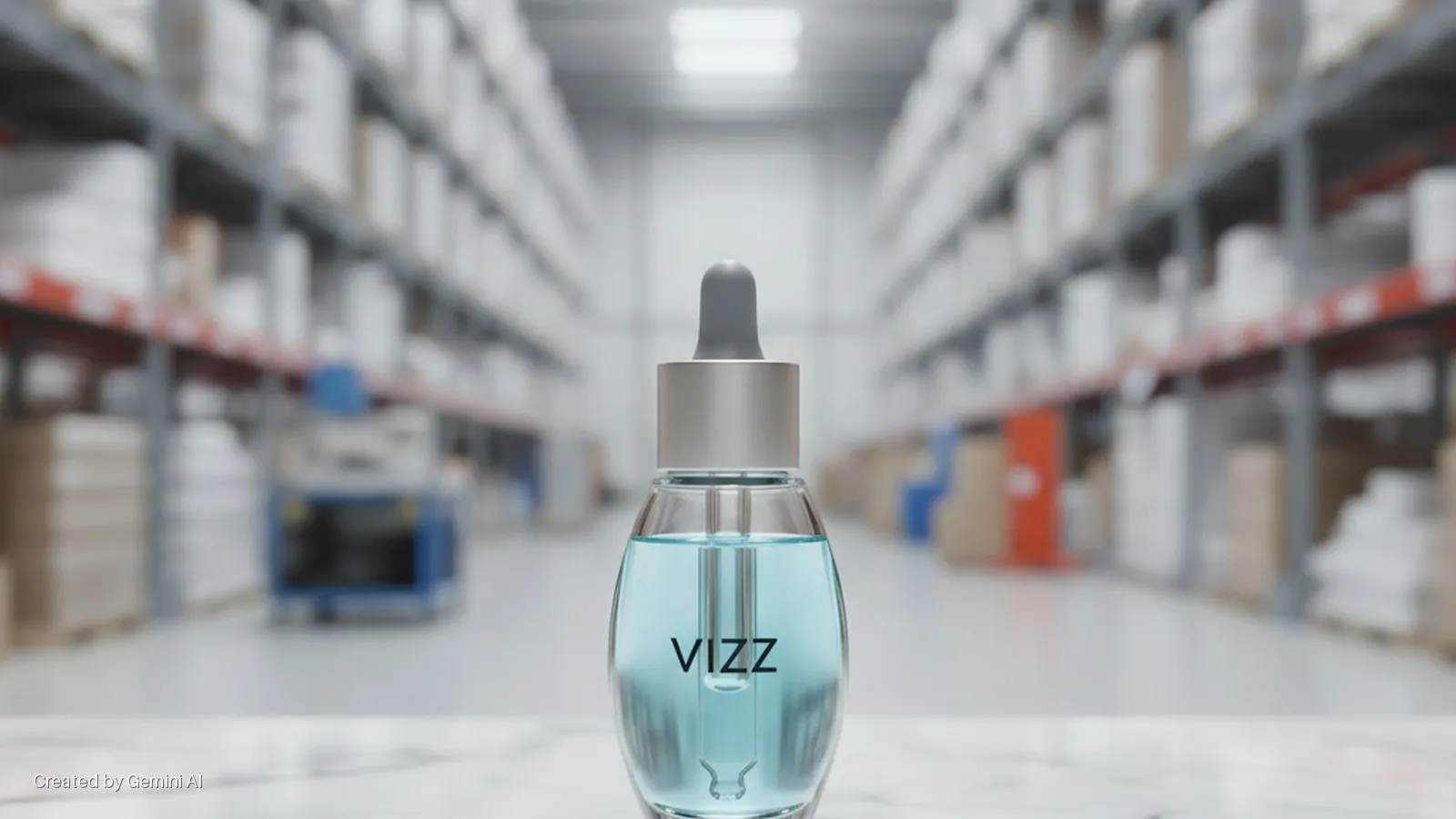 A clear VIZZ dropper bottle containing blue liquid stands on a white surface in a brightly lit warehouse aisle with blurred shelves stacked with products.