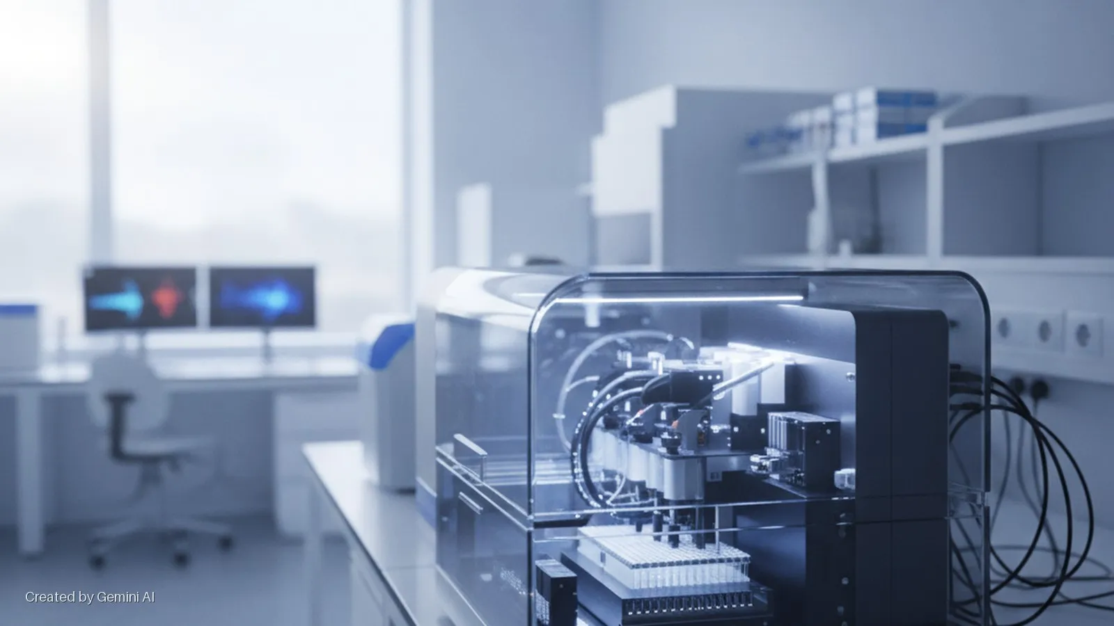 A laboratory automation system, internally illuminated and holding multiple test tubes, sits on a desk in a brightly lit, cool-toned scientific lab, with blurred computer monitors and shelves in the background.