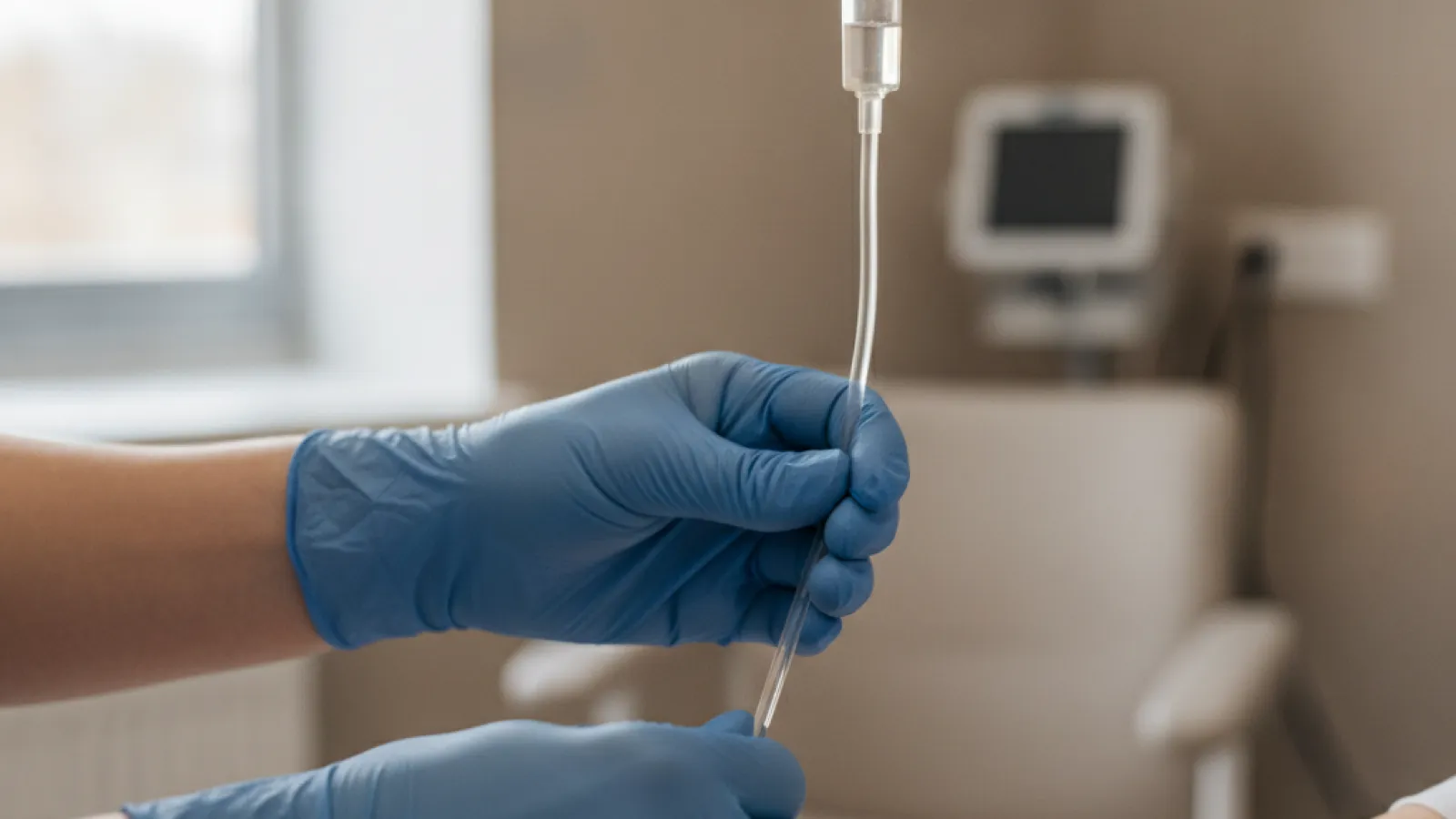 Hands in blue gloves prepare an IV drip connected to a patient's arm in a brightly lit medical room with a window and a medical monitor in the background.