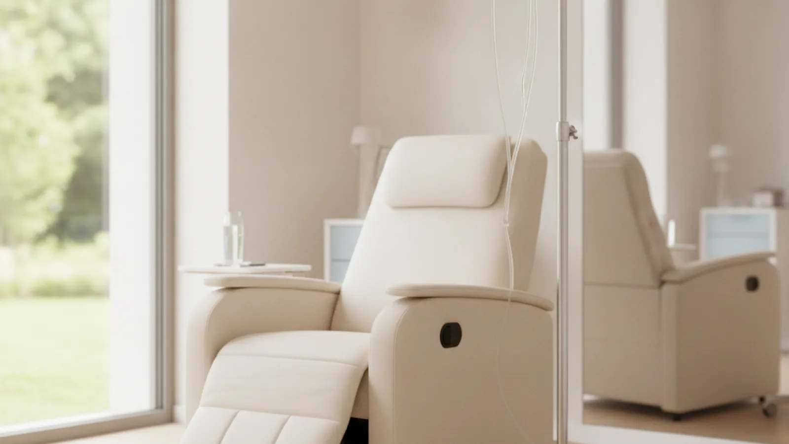 A brightly lit room features a cream recliner chair, an IV pole with tubing, a glass of water on a side table, a large window revealing a garden, and a mirror reflecting the chair.