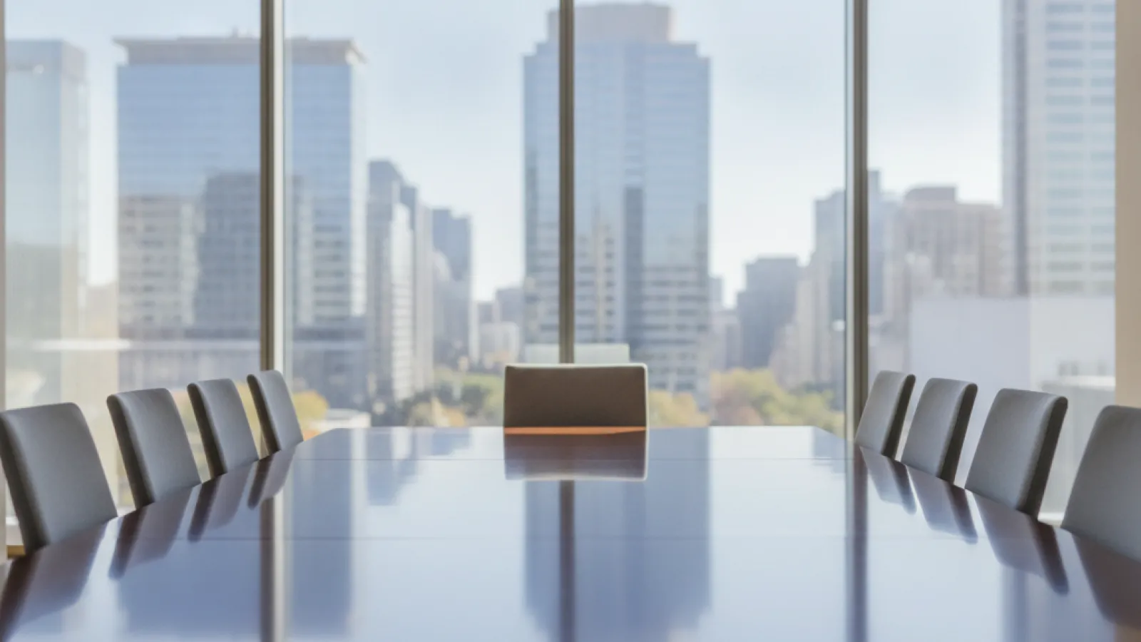 A long, reflective conference table with dark chairs sits in a brightly lit modern office overlooking a sunny cityscape through large windows.