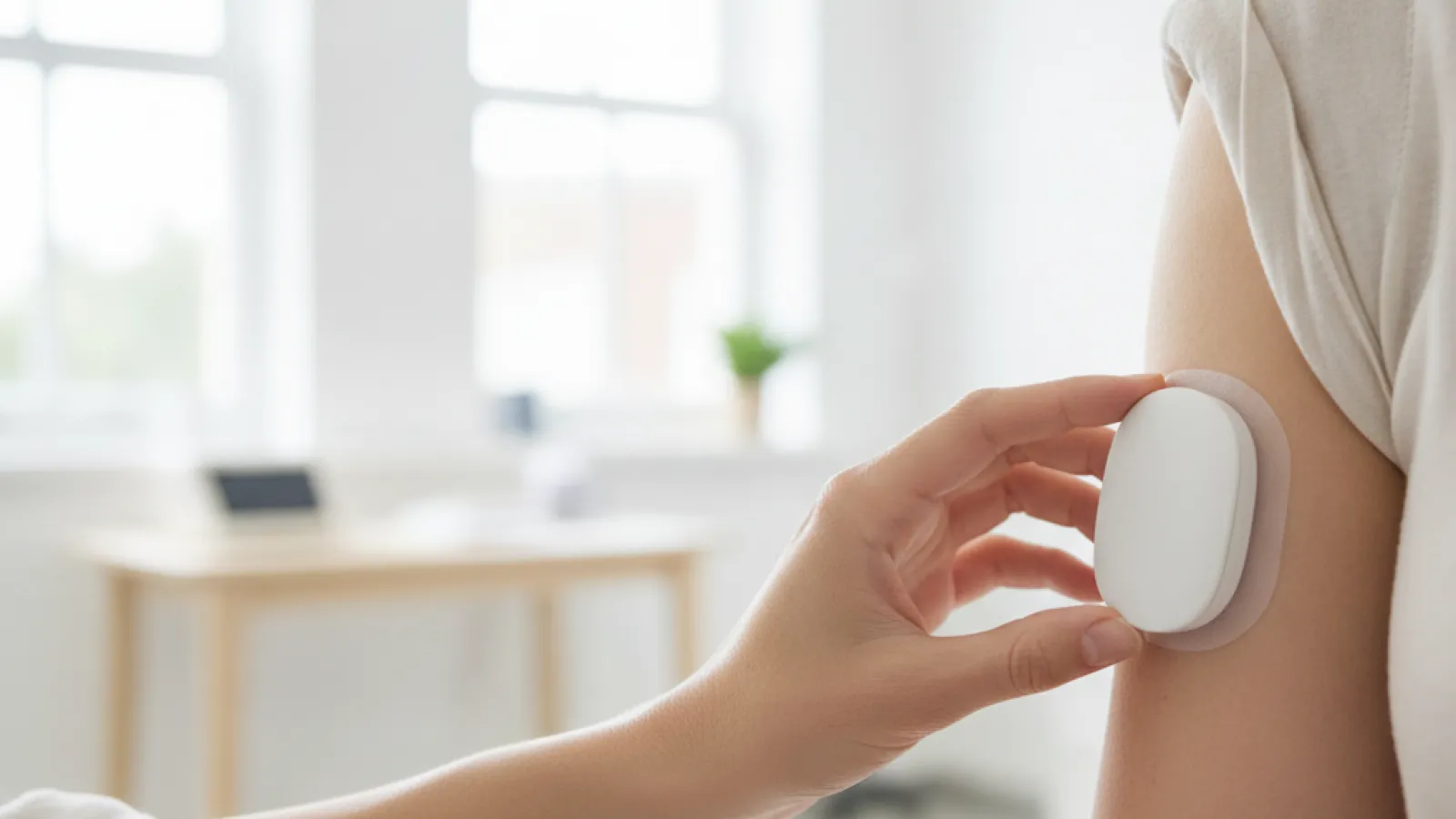 A hand attaches a white oval medical sensor with an adhesive patch to a person's upper arm, in a bright, naturally lit room with large windows, a wooden desk, and a small plant in the background.