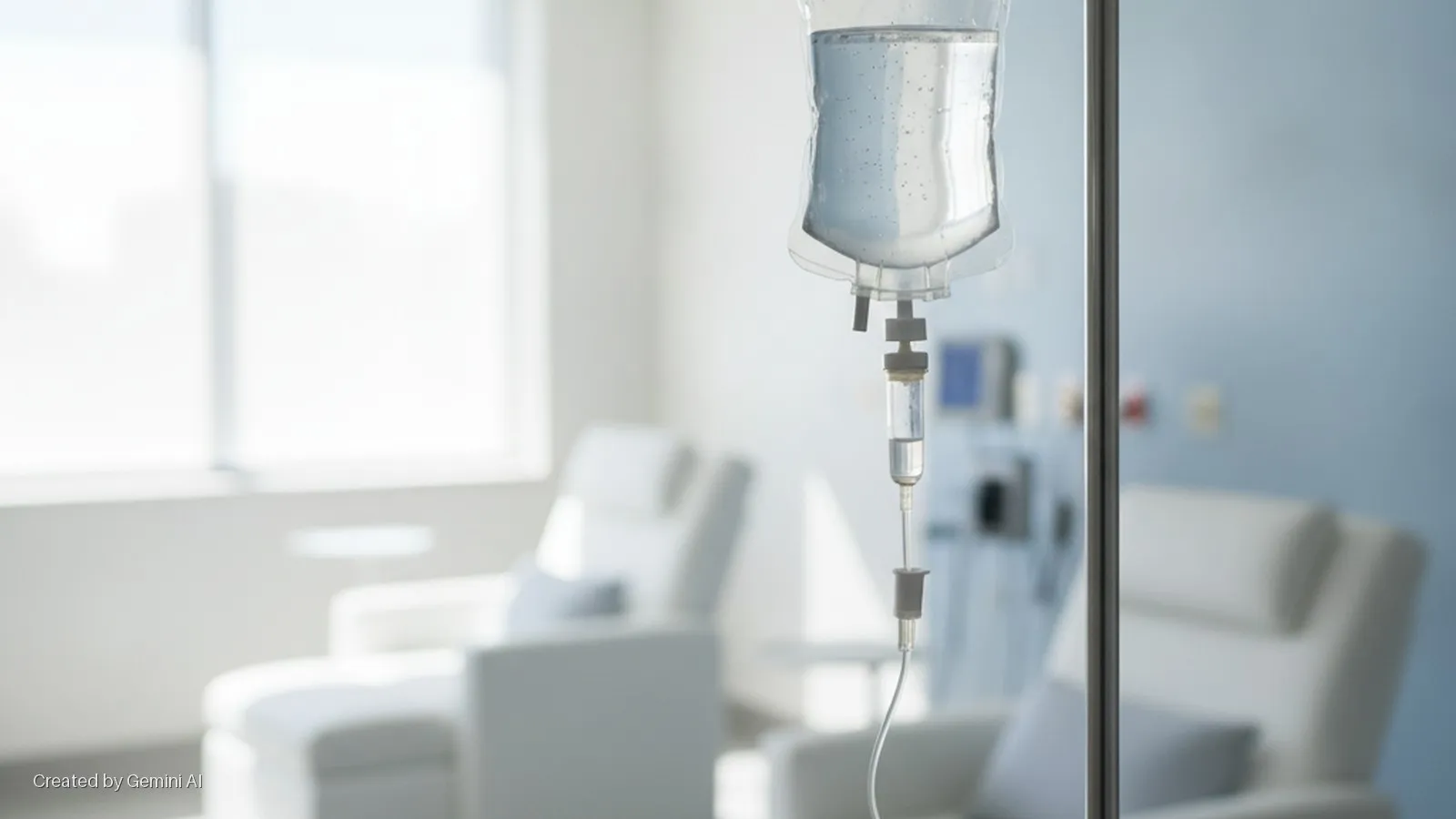 An IV bag with clear liquid hangs from a metal pole in the foreground of a brightly lit medical room with blurred white reclining chairs and a large window in the background.