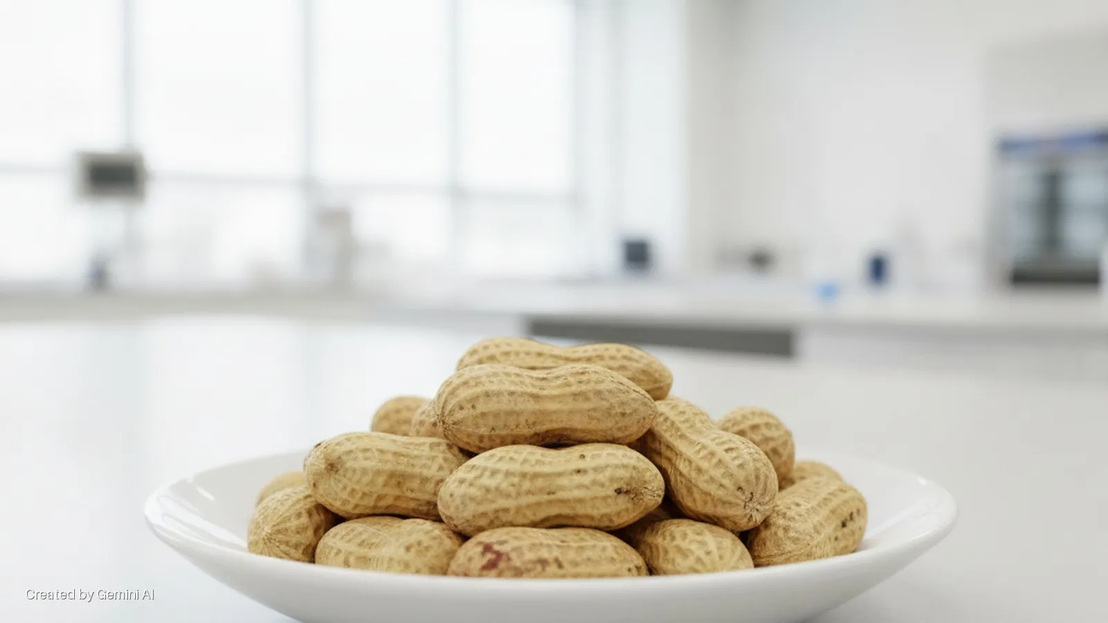 Unshelled peanuts are piled in a white bowl on a white surface, set against a bright, blurred background of a clean, light-filled room.
