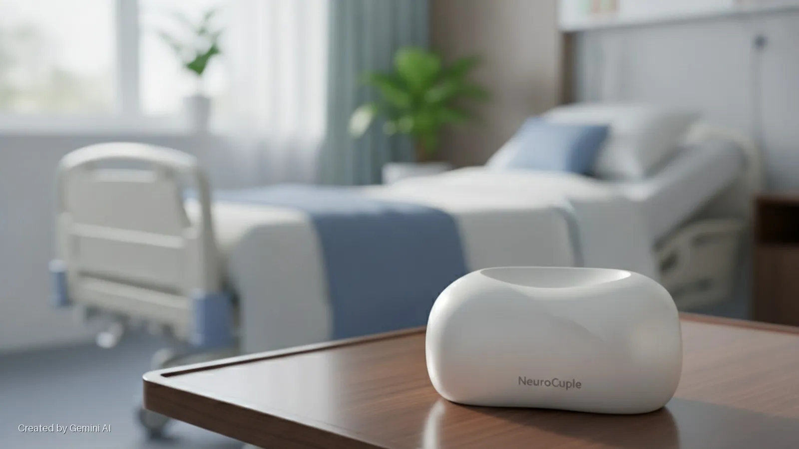 A white NeuroCouple device rests on a wooden bedside table in a naturally lit hospital room, with a bed, a window, and a potted plant blurred in the background.