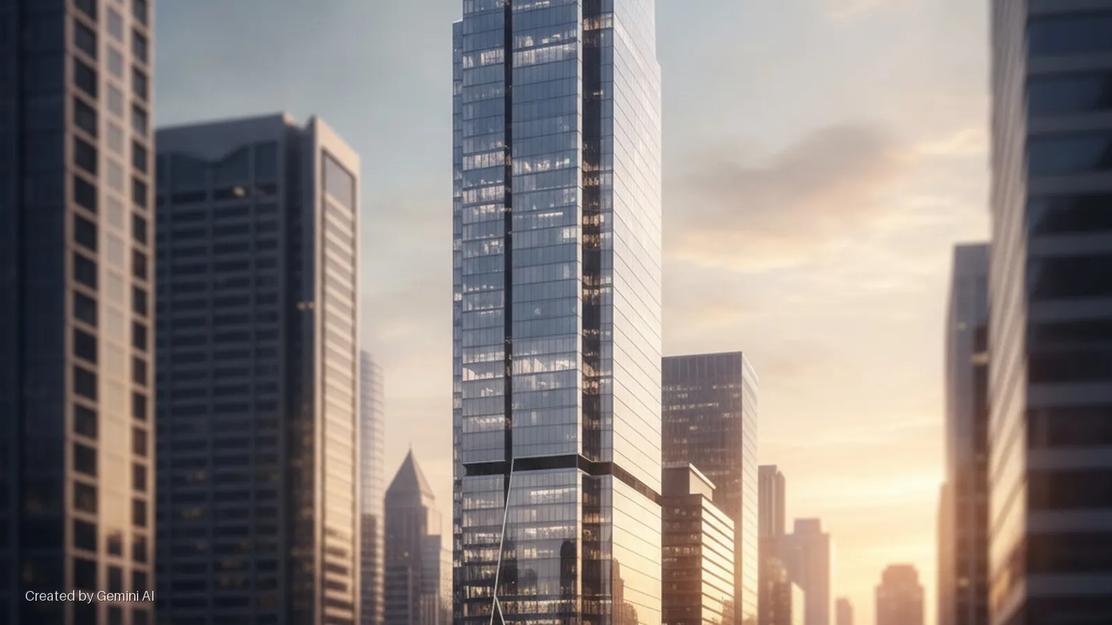 A prominent modern glass skyscraper stands in a city skyline at sunset, flanked by other buildings under a sky with warm golden light.