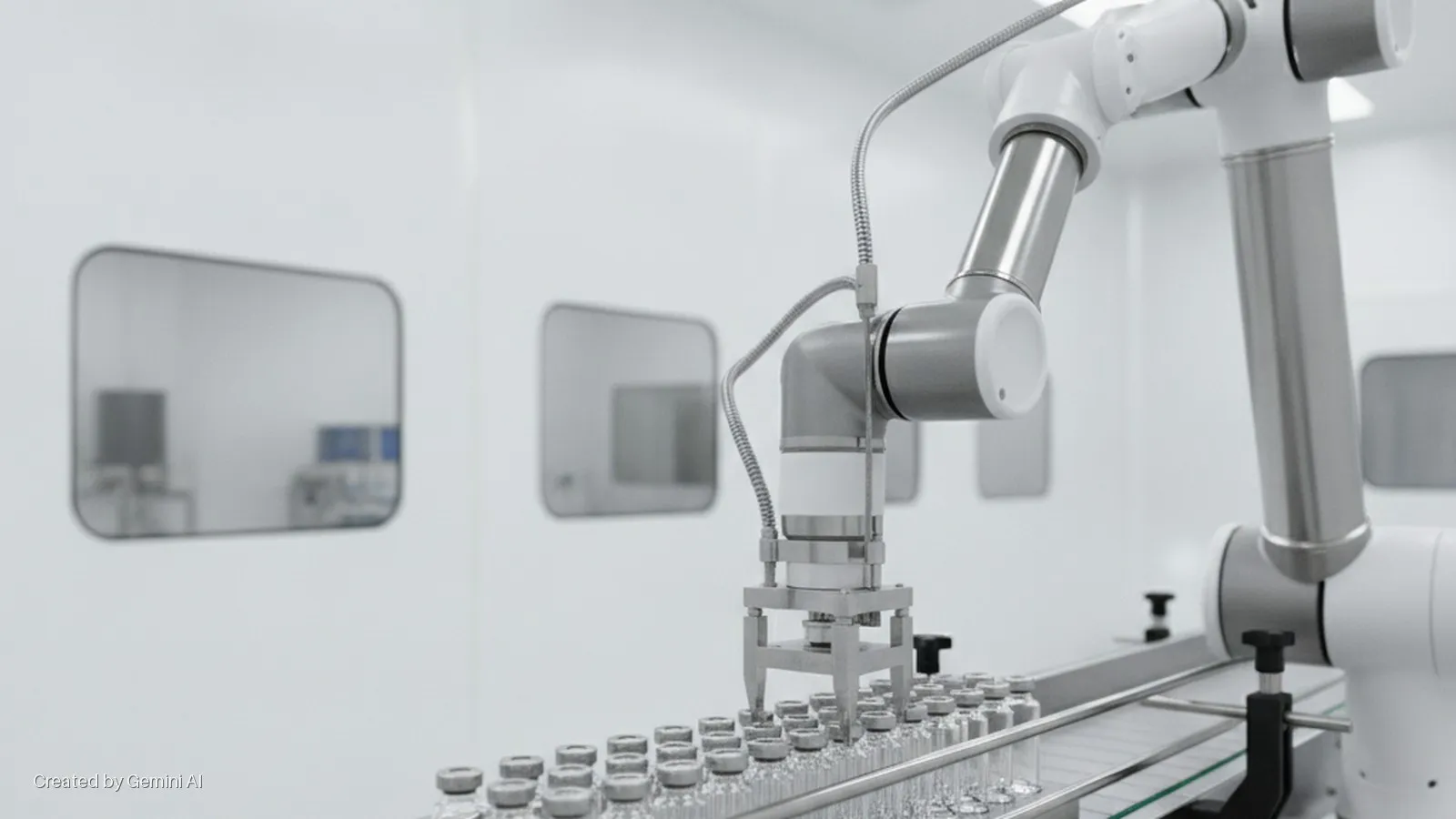 A grey and white robotic arm precisely positions clear glass vials with grey caps on a conveyor belt in a brightly lit, white cleanroom with blurred windows in the background.
